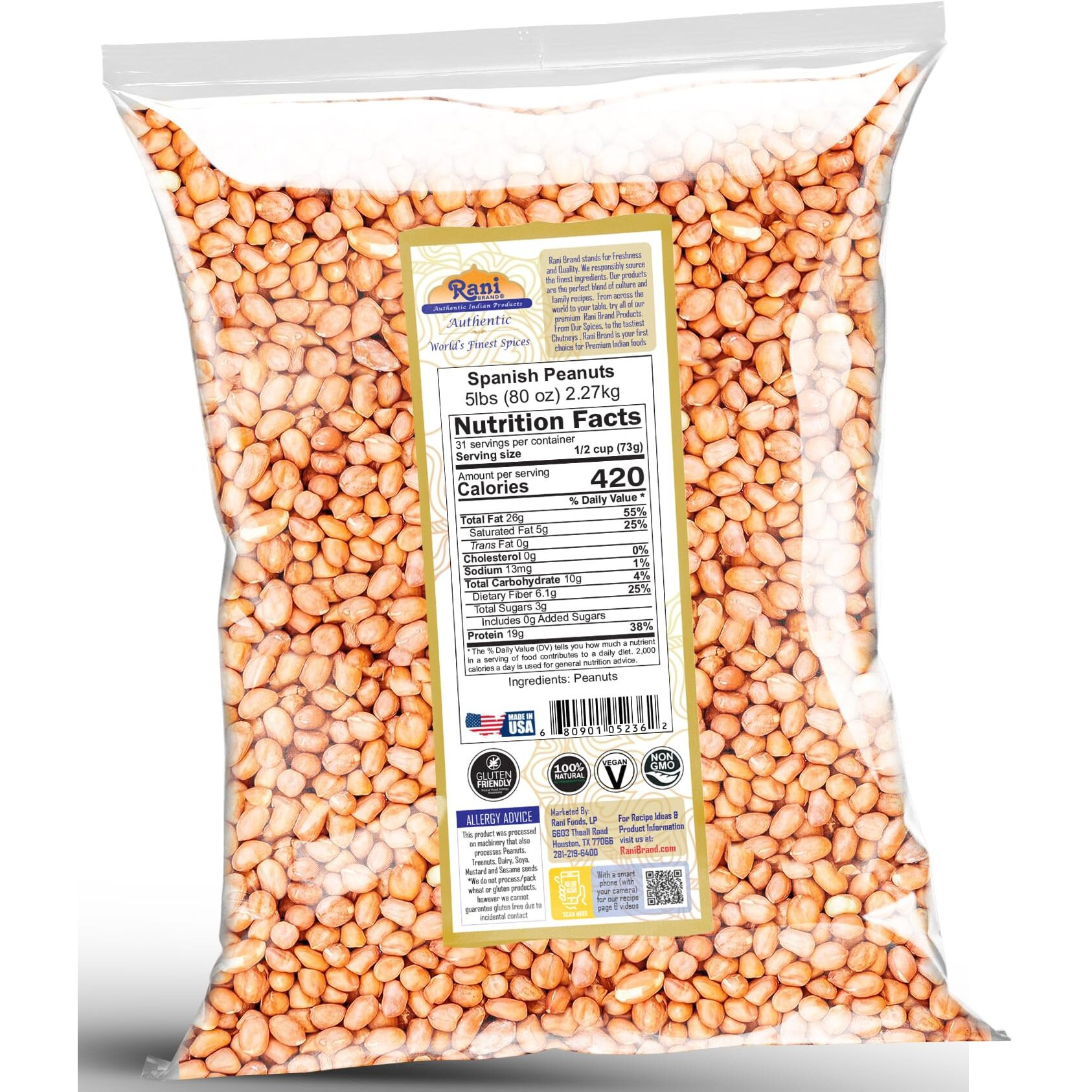 Rani Raw Spanish Peanuts 100% Natural with Skin (uncooked, unsalted) 80oz (5lbs) 2.27kg Bulk ~ Vegan, Gluten Friendly, Fresh Product of USA, Kosher, Red-brown Skin
