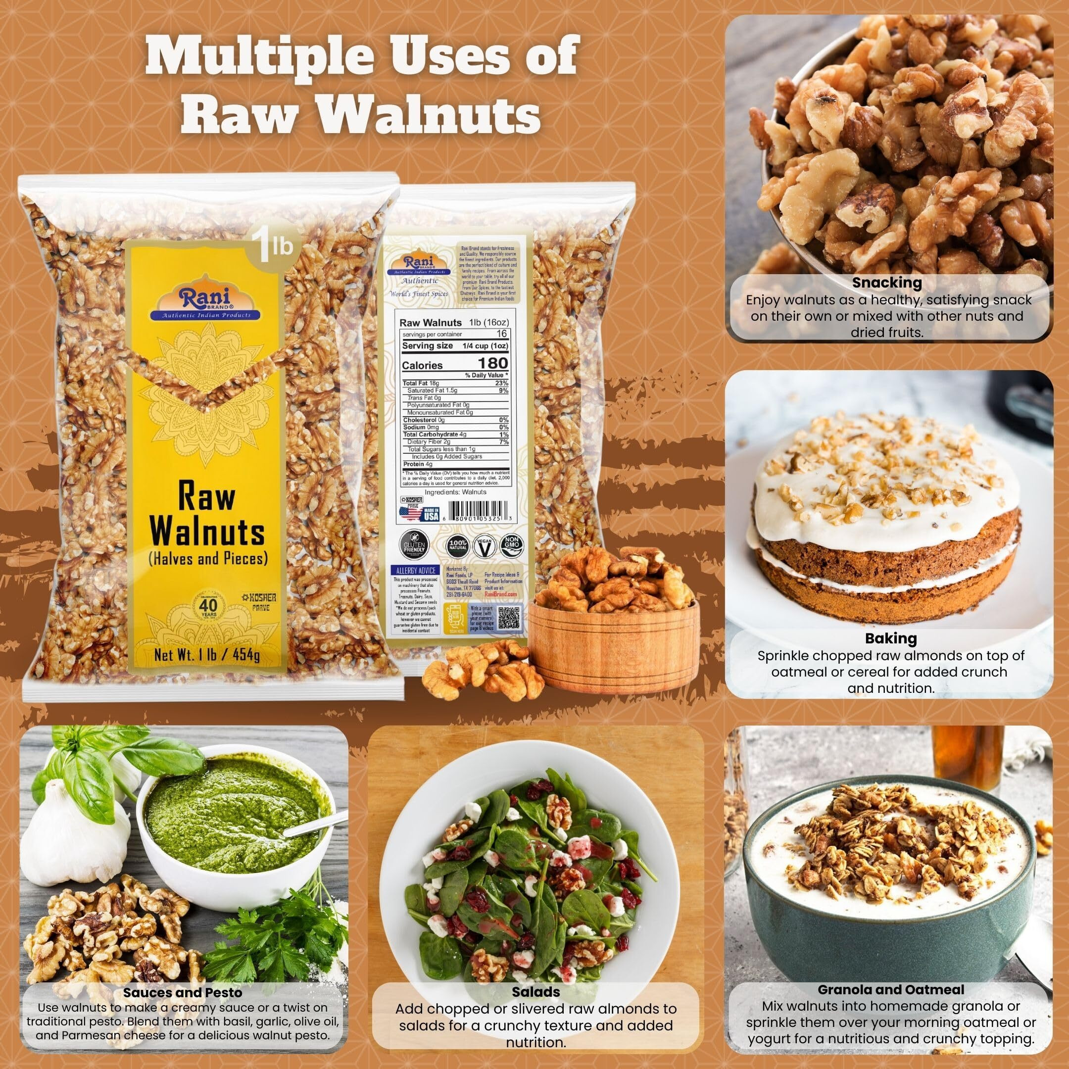Rani Raw Walnuts, Halves and Pieces 16oz (1lb) 454g ~ All Natural, Vegan, Gluten Friendly, Kosher, Fresh Product of USA