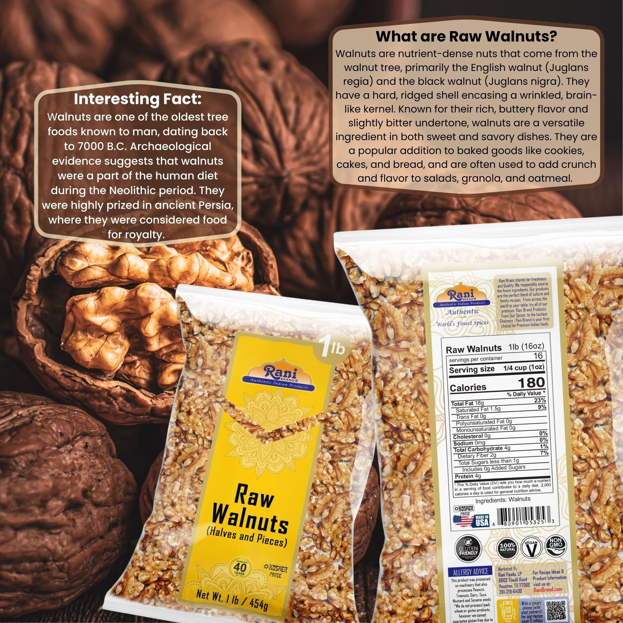 Rani Raw Walnuts, Halves and Pieces 16oz (1lb) 454g ~ All Natural, Vegan, Gluten Friendly, Kosher, Fresh Product of USA