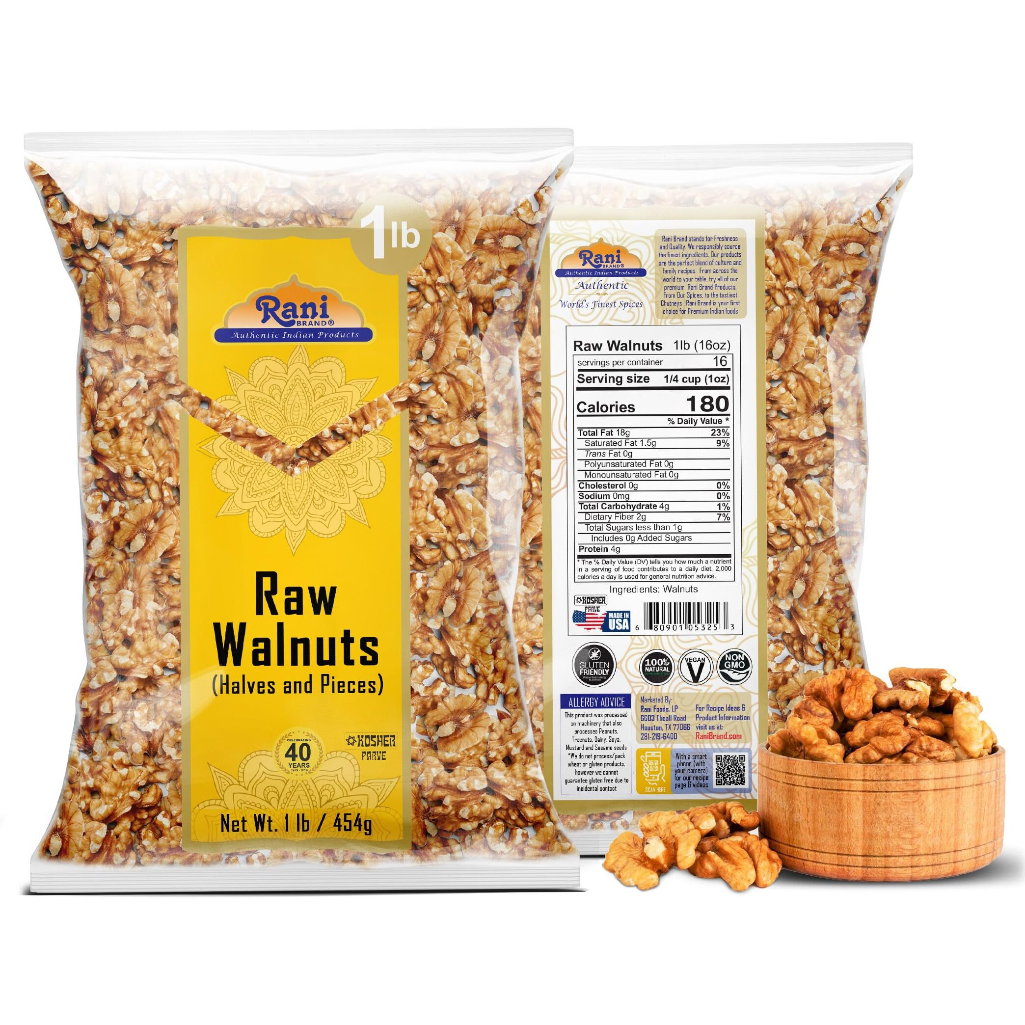 Rani Raw Walnuts, Halves and Pieces 16oz (1lb) 454g ~ All Natural, Vegan, Gluten Friendly, Kosher, Fresh Product of USA