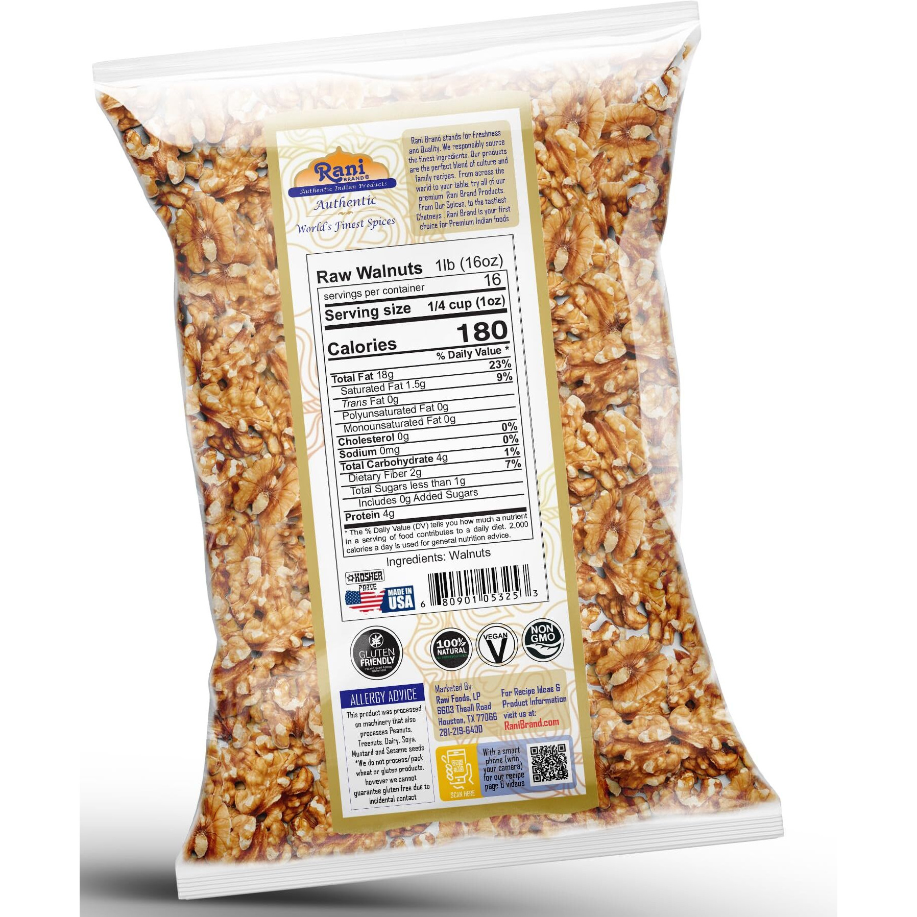 Rani Raw Walnuts, Halves and Pieces 16oz (1lb) 454g ~ All Natural, Vegan, Gluten Friendly, Kosher, Fresh Product of USA