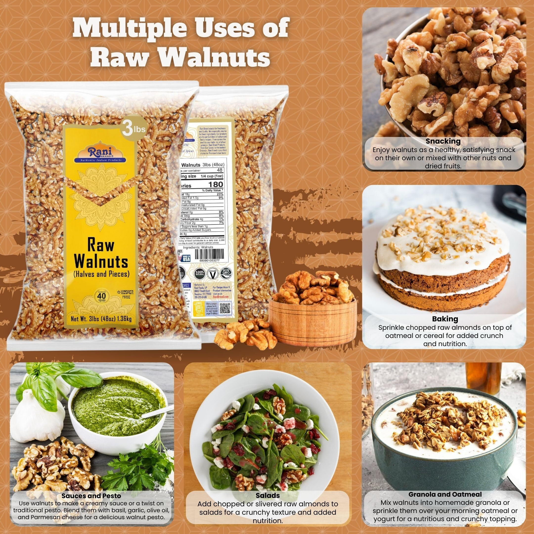 Rani Raw Walnuts, Halves and Pieces 48oz (3lbs) 1.36kg ~ All Natural, Vegan, Gluten Friendly, Kosher, Fresh Product of USA