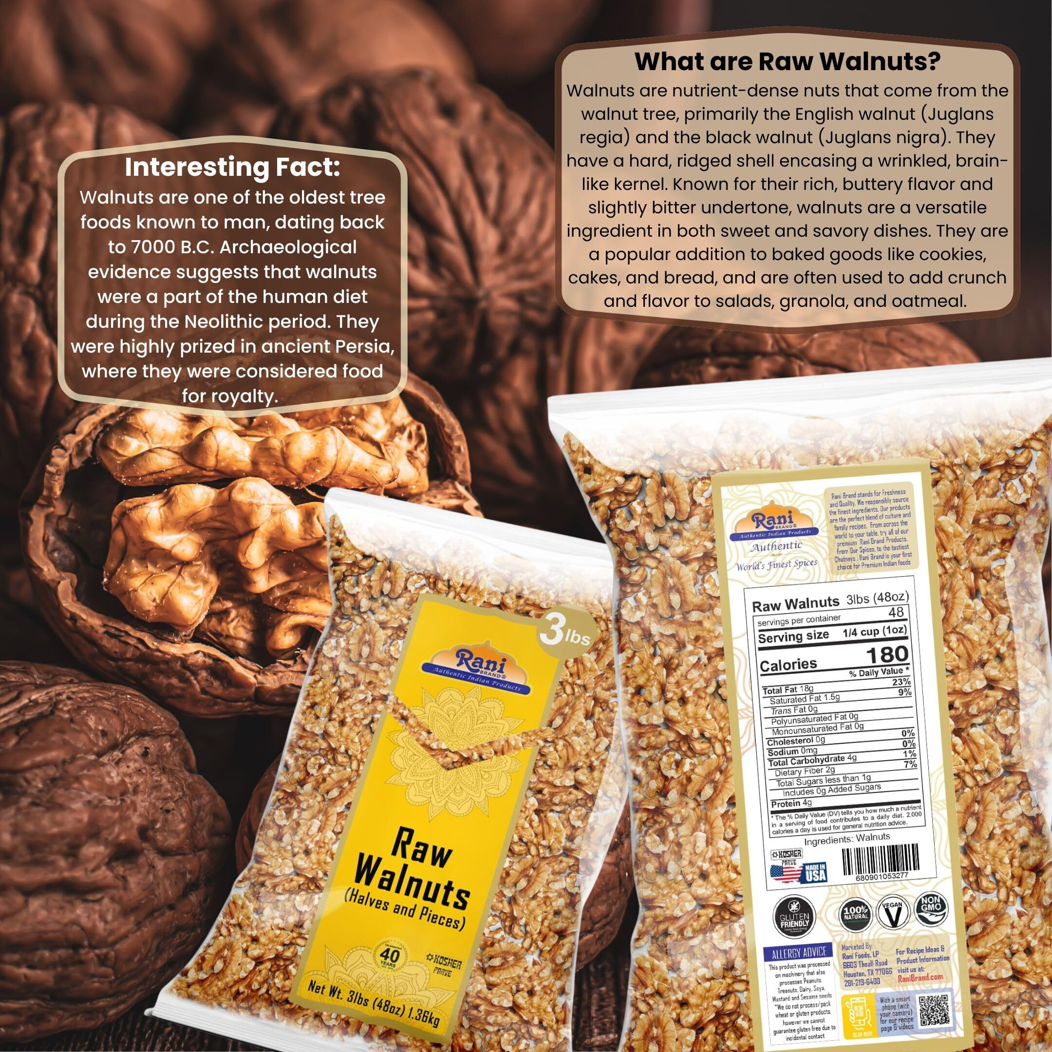 Rani Raw Walnuts, Halves and Pieces 48oz (3lbs) 1.36kg ~ All Natural, Vegan, Gluten Friendly, Kosher, Fresh Product of USA