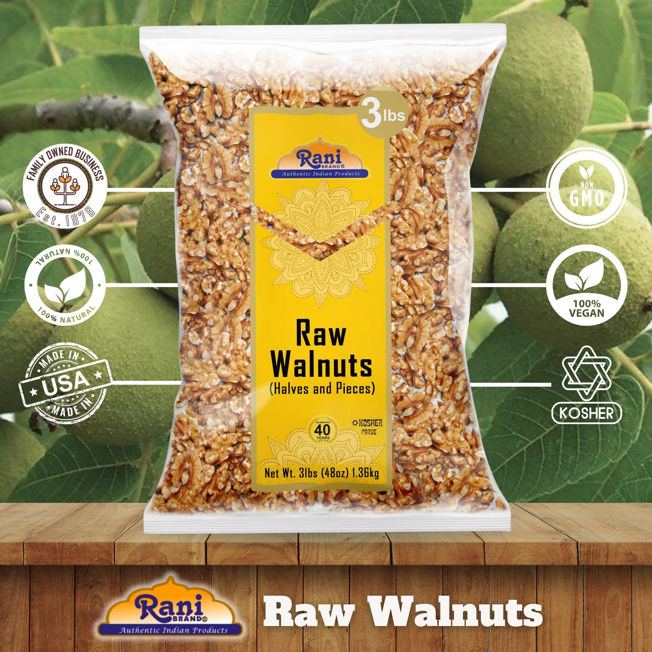 Rani Raw Walnuts, Halves and Pieces 48oz (3lbs) 1.36kg ~ All Natural, Vegan, Gluten Friendly, Kosher, Fresh Product of USA