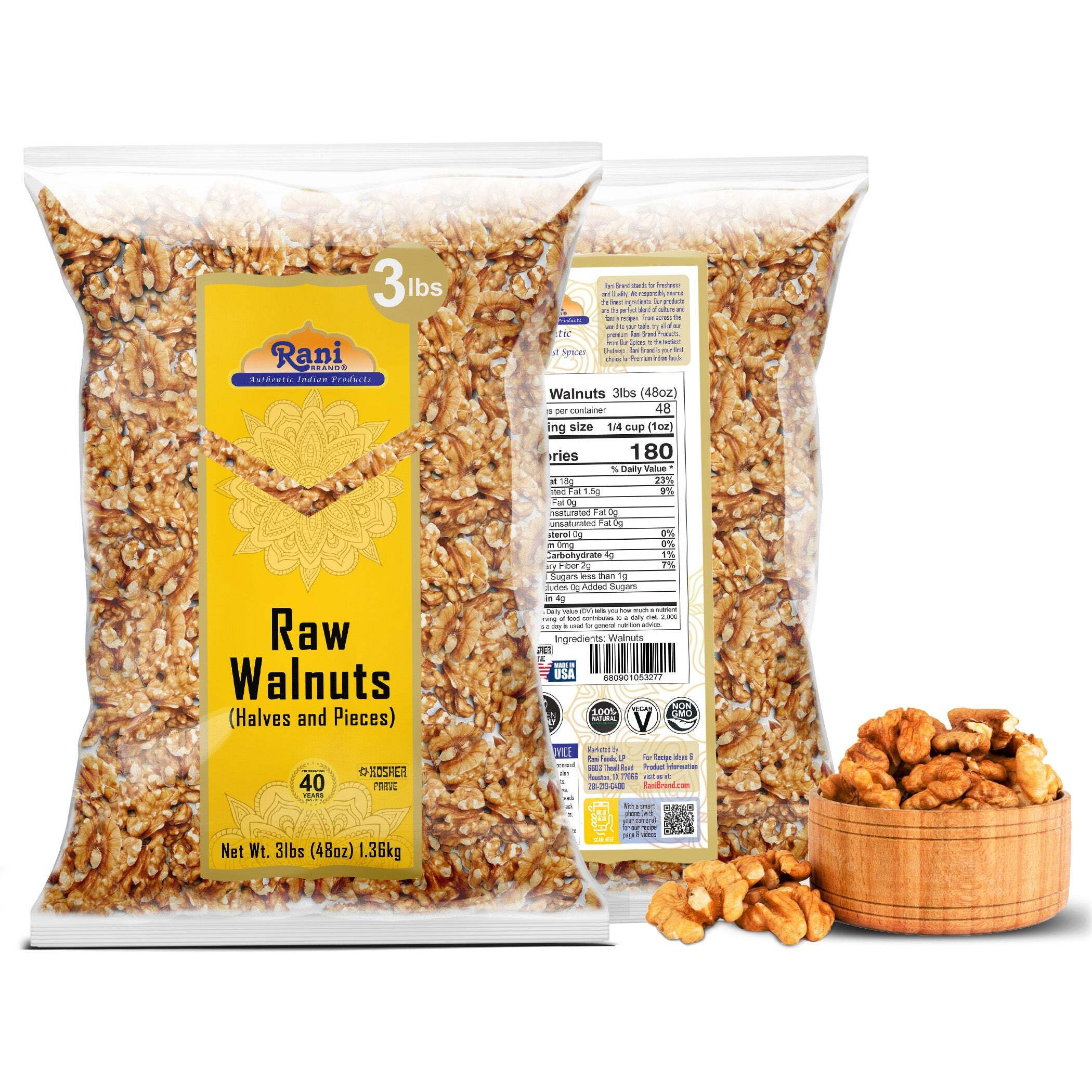 Rani Raw Walnuts, Halves and Pieces 48oz (3lbs) 1.36kg ~ All Natural, Vegan, Gluten Friendly, Kosher, Fresh Product of USA