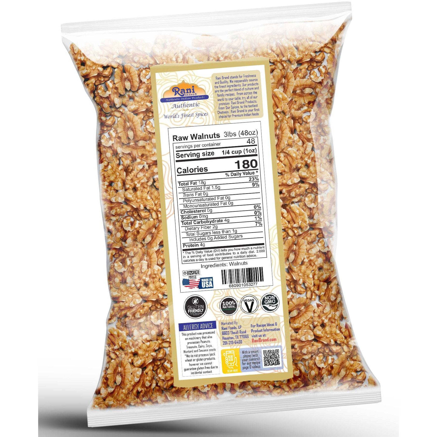 Rani Raw Walnuts, Halves and Pieces 48oz (3lbs) 1.36kg ~ All Natural, Vegan, Gluten Friendly, Kosher, Fresh Product of USA