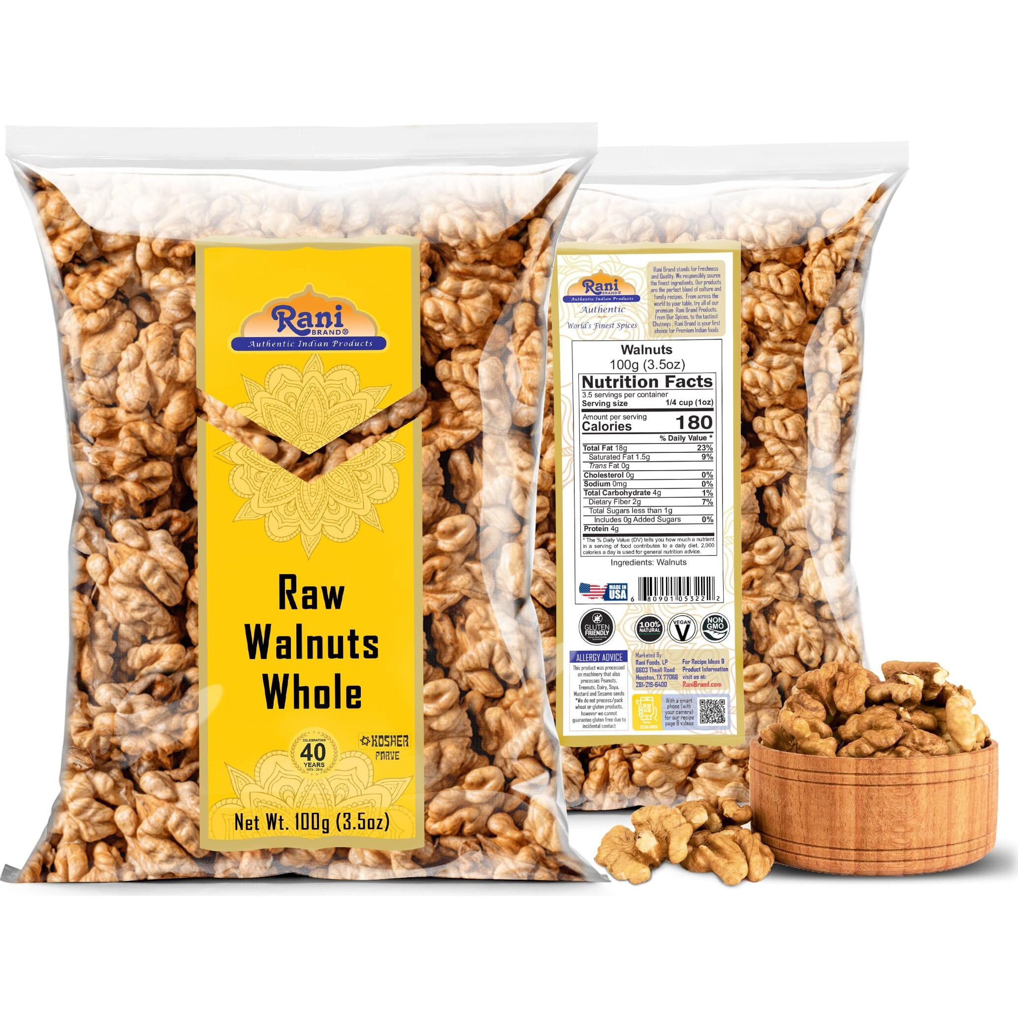 Rani Raw Walnuts, Whole 3.5oz (100g) ~ All Natural, Vegan, Kosher, Gluten Friendly, Fresh Product of USA