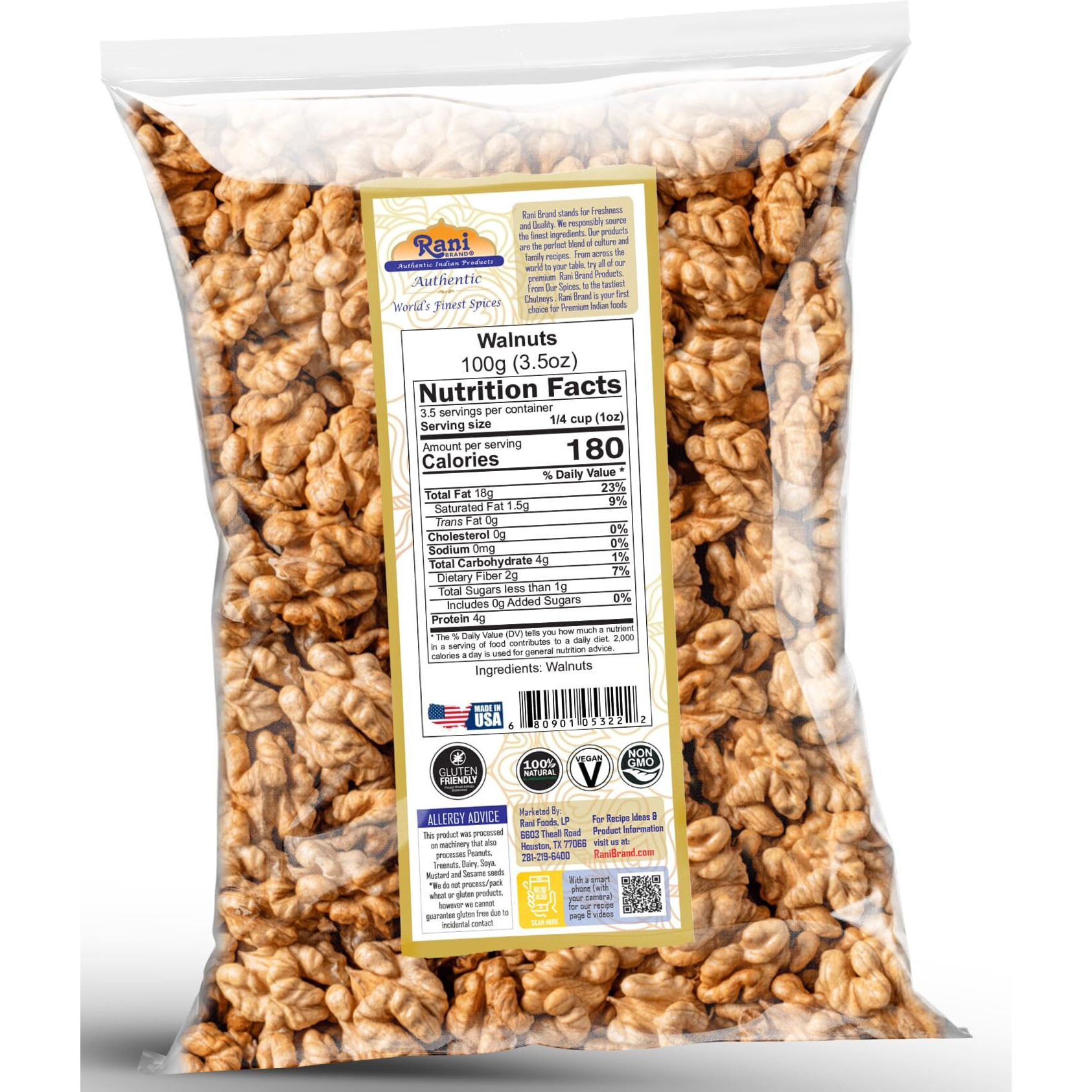 Rani Raw Walnuts, Whole 3.5oz (100g) ~ All Natural, Vegan, Kosher, Gluten Friendly, Fresh Product of USA