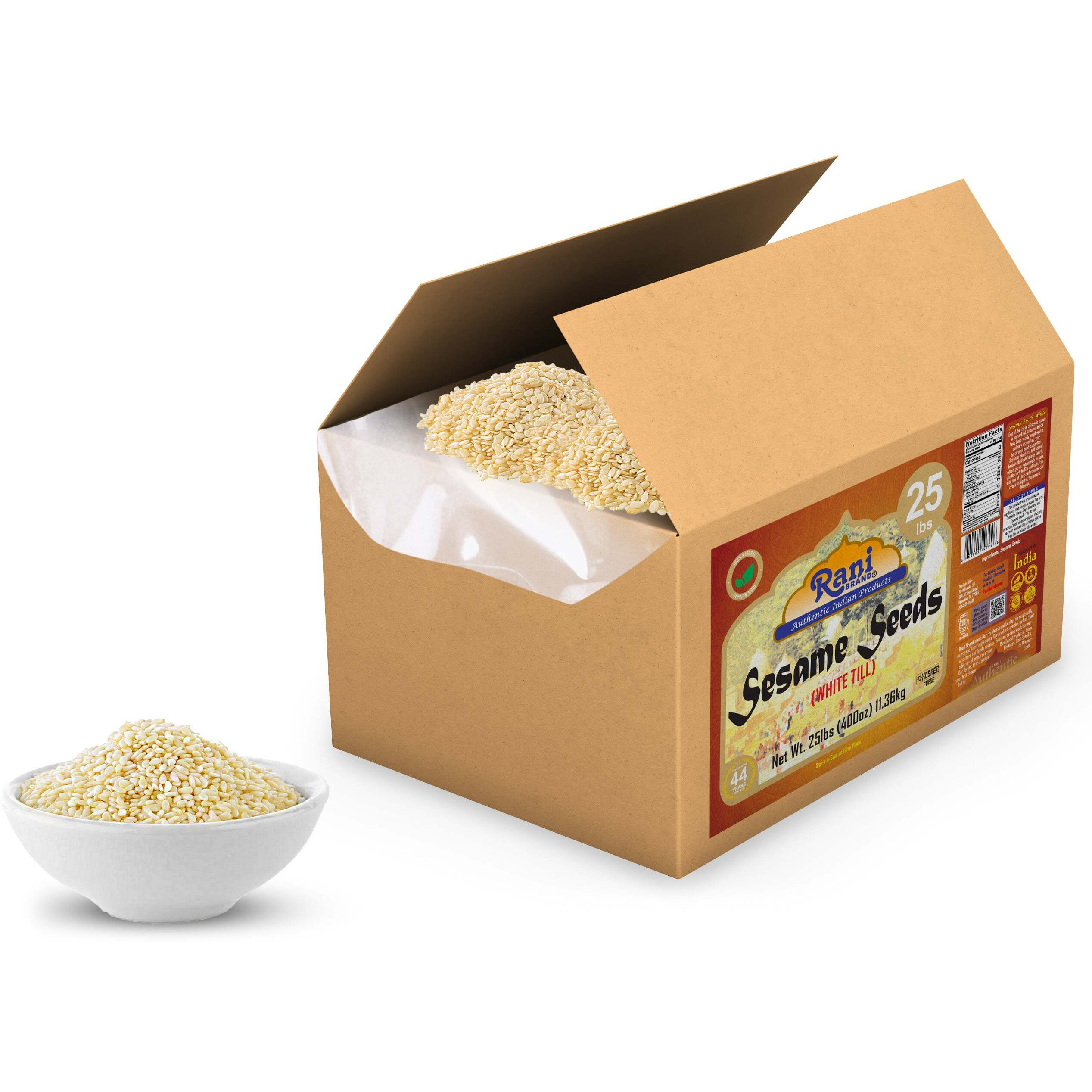 Rani Sesame Seeds Whole White, Hulled (Till) 400oz (25lbs) 11.36kg Bulk Box ~ All Natural, Gluten Friendly, NON-GMO, Vegan, Indian Origin