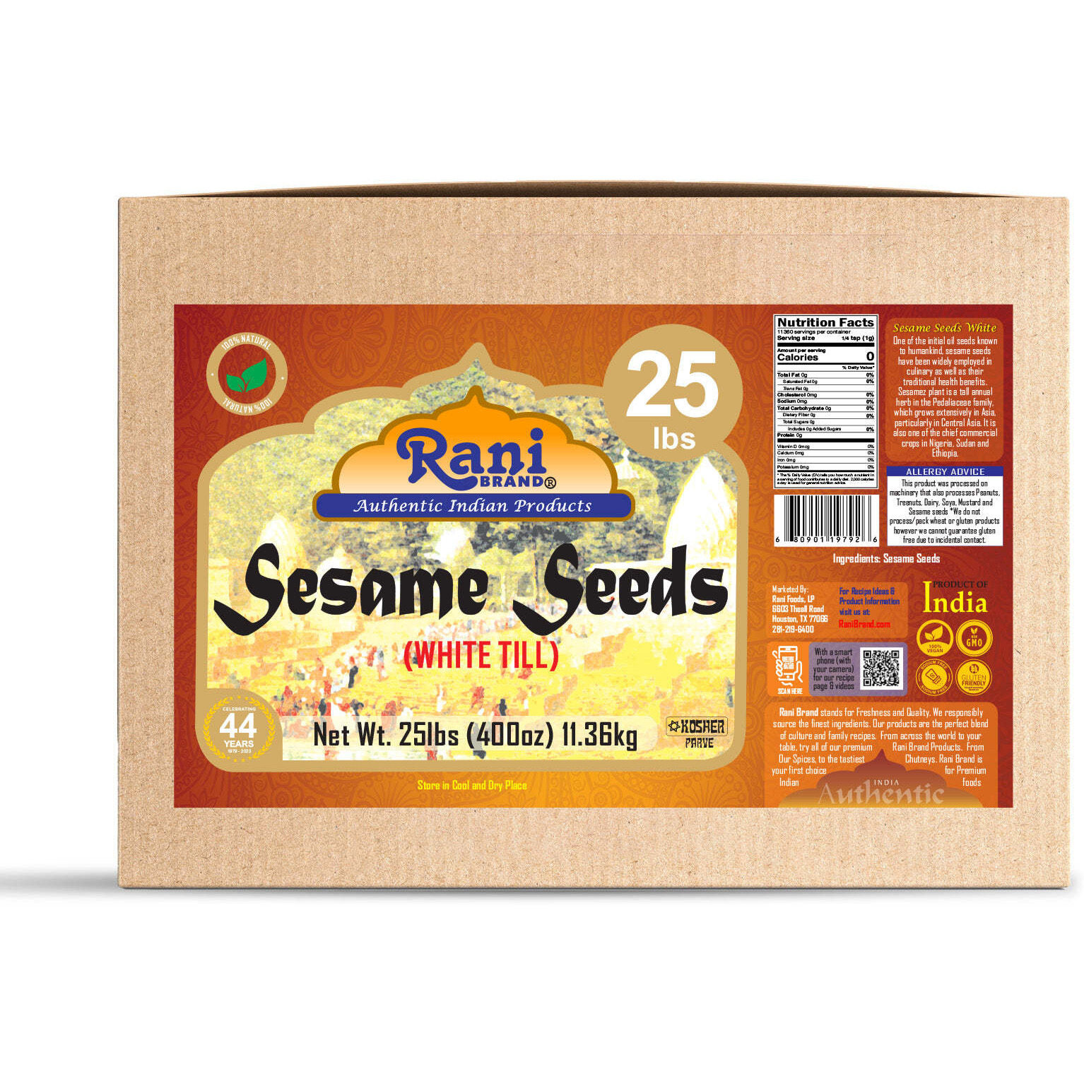Rani Sesame Seeds Whole White, Hulled (Till) 400oz (25lbs) 11.36kg Bulk Box ~ All Natural, Gluten Friendly, NON-GMO, Vegan, Indian Origin
