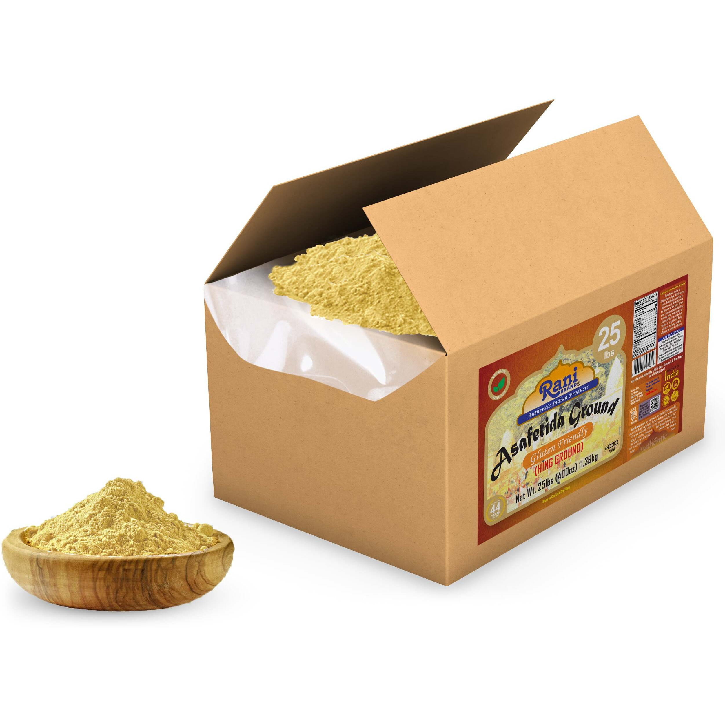 Rani Asafetida (Hing) Ground 400oz (25lbs) 11.36kg Gluten Friendly, Bulk Box ~ All Natural, Salt Free, Vegan, Non-GMO, KOSHER, Asafoetida Indian Spice, Best for Onion Garlic Substitute