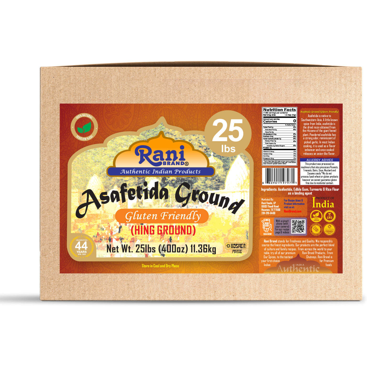 Rani Asafetida (Hing) Ground 400oz (25lbs) 11.36kg Gluten Friendly, Bulk Box ~ All Natural, Salt Free, Vegan, Non-GMO, KOSHER, Asafoetida Indian Spice, Best for Onion Garlic Substitute