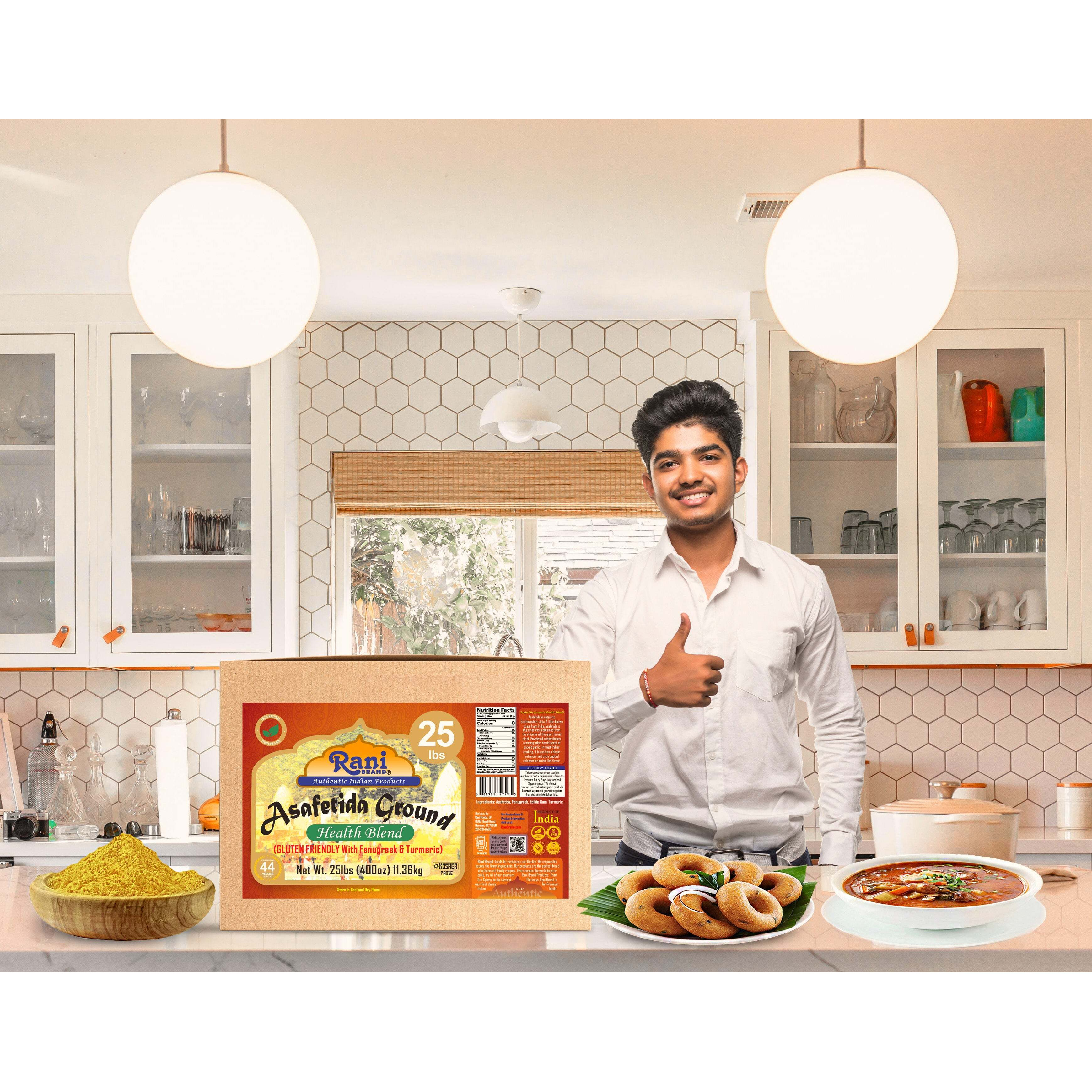 Rani Asafetida (Hing) Ground Health Blend w/Fenugreek and Turmeric 400oz (25lbs) 11.36kg Bulk Box ~ All Natural, Salt Free, Vegan, Asafoetida Indian Spice, Best for Onion Garlic Substitute