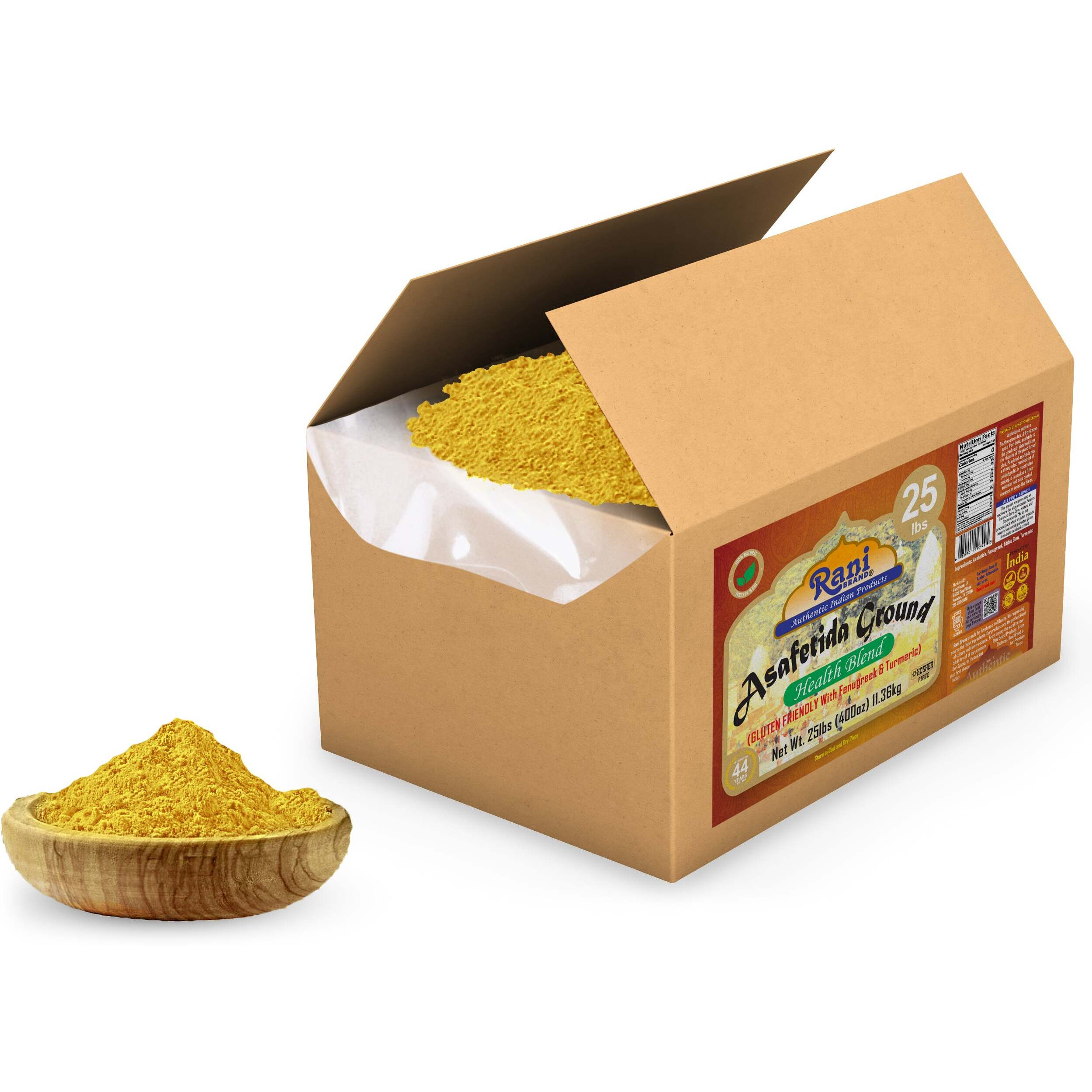 Rani Asafetida (Hing) Ground Health Blend w/Fenugreek and Turmeric 400oz (25lbs) 11.36kg Bulk Box ~ All Natural, Salt Free, Vegan, Asafoetida Indian Spice, Best for Onion Garlic Substitute