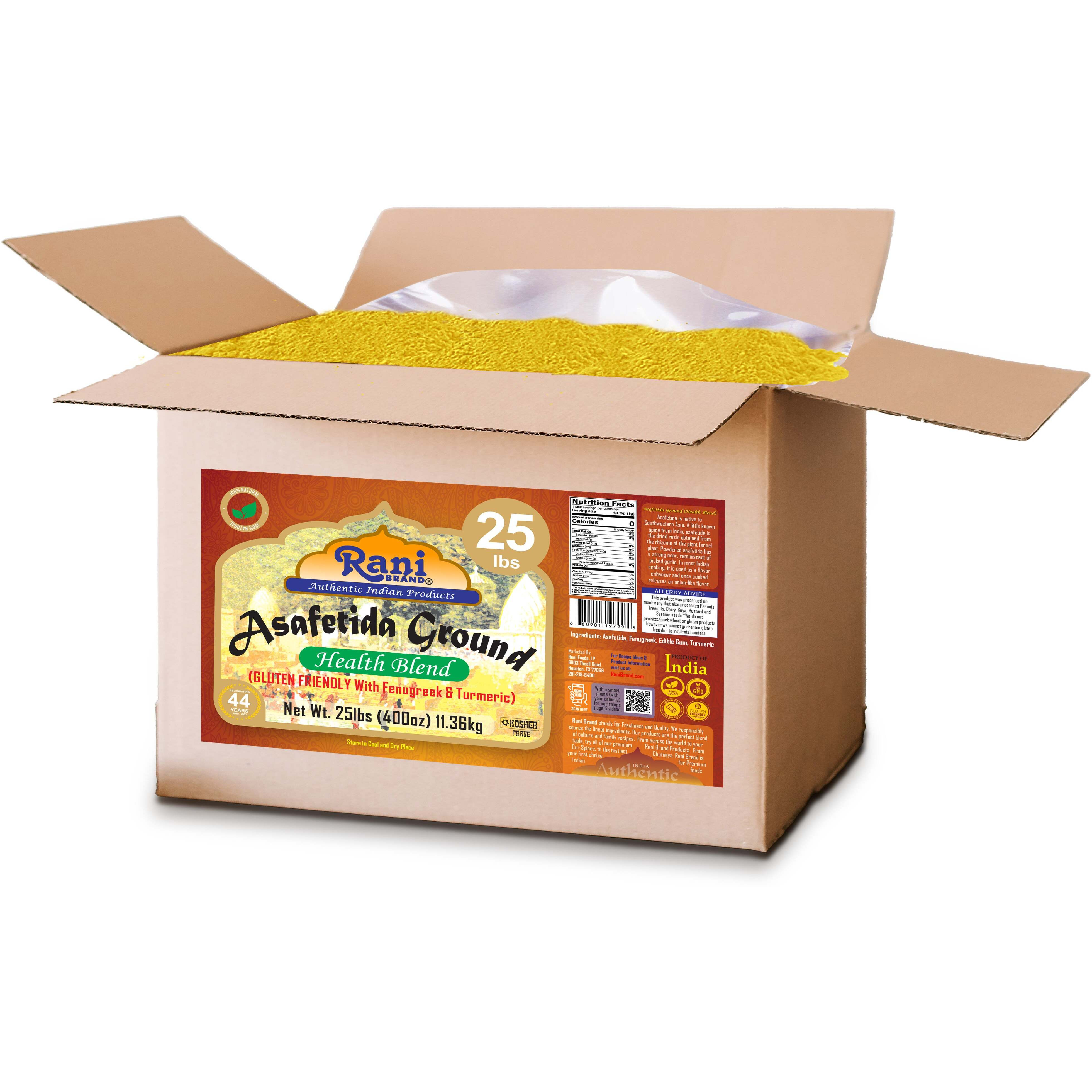 Rani Asafetida (Hing) Ground Health Blend w/Fenugreek and Turmeric 400oz (25lbs) 11.36kg Bulk Box ~ All Natural, Salt Free, Vegan, Asafoetida Indian Spice, Best for Onion Garlic Substitute