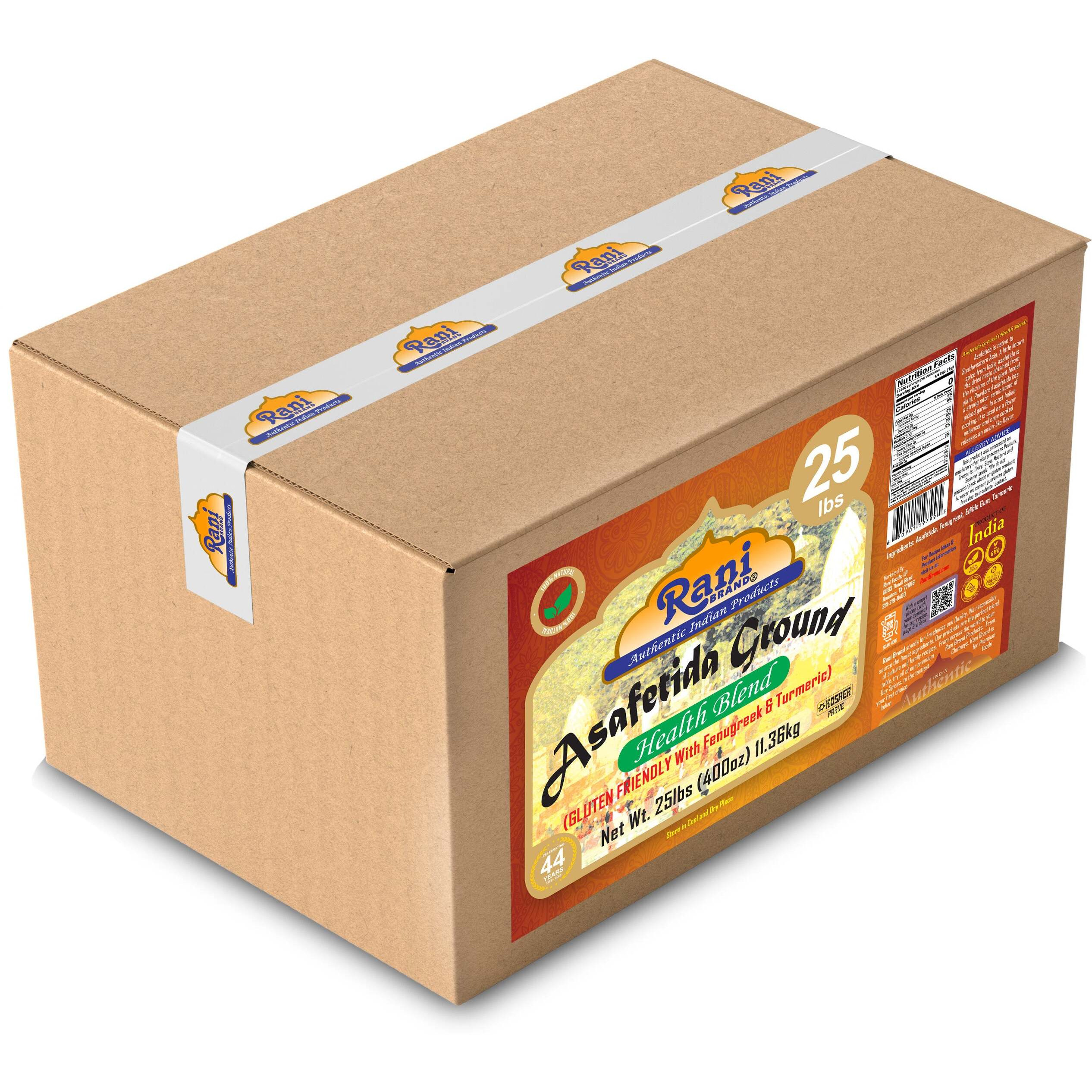 Rani Asafetida (Hing) Ground Health Blend w/Fenugreek and Turmeric 400oz (25lbs) 11.36kg Bulk Box ~ All Natural, Salt Free, Vegan, Asafoetida Indian Spice, Best for Onion Garlic Substitute
