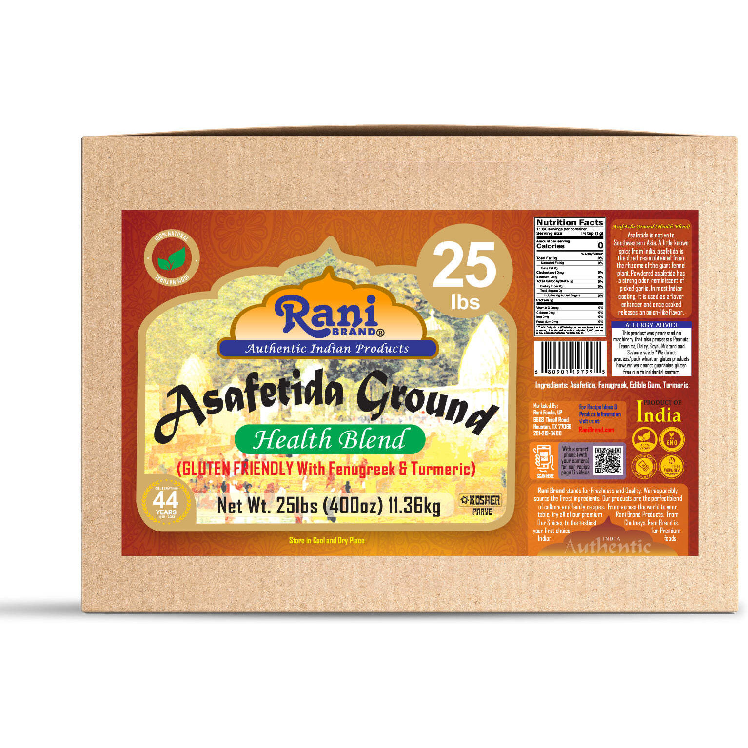 Rani Asafetida (Hing) Ground Health Blend w/Fenugreek and Turmeric 400oz (25lbs) 11.36kg Bulk Box ~ All Natural, Salt Free, Vegan, Asafoetida Indian Spice, Best for Onion Garlic Substitute