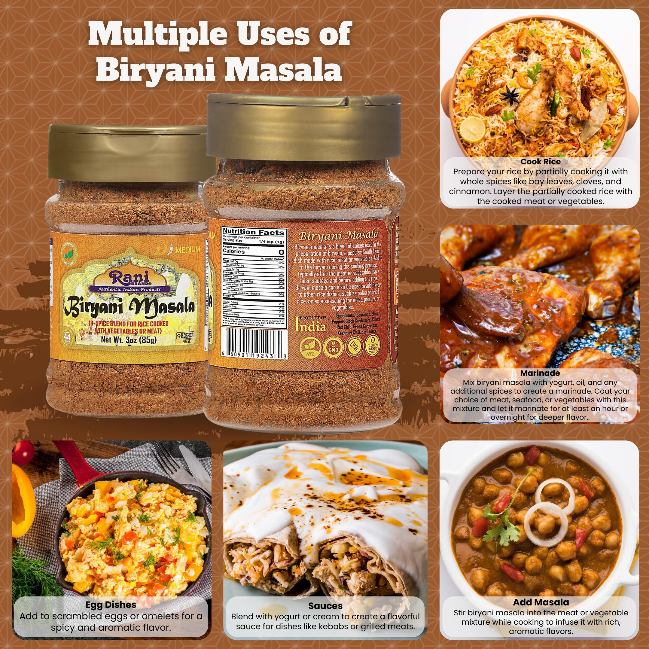 Rani Biryani Masala Curry (7-Spice Blend for Indian Rice Dishes, Pullao/Pilau) 3oz (85g) PET Jar ~ All Natural, Vegan, No Colors, Gluten Friendly, NON-GMO, Kosher, Indian Origin