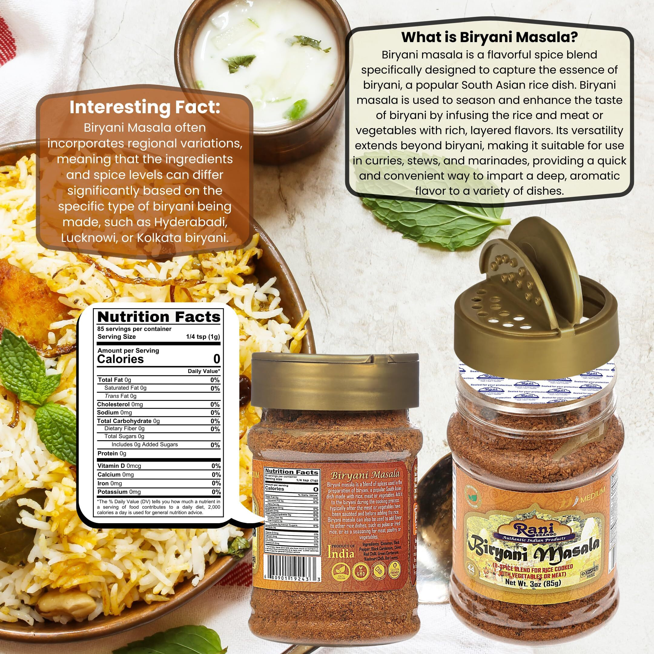 Rani Biryani Masala Curry (7-Spice Blend for Indian Rice Dishes, Pullao/Pilau) 3oz (85g) PET Jar ~ All Natural, Vegan, No Colors, Gluten Friendly, NON-GMO, Kosher, Indian Origin