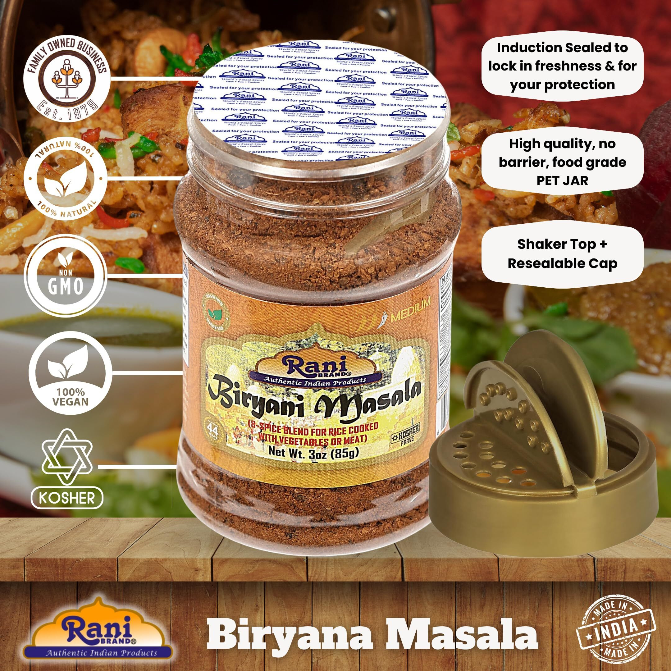 Rani Biryani Masala Curry (7-Spice Blend for Indian Rice Dishes, Pullao/Pilau) 3oz (85g) PET Jar ~ All Natural, Vegan, No Colors, Gluten Friendly, NON-GMO, Kosher, Indian Origin
