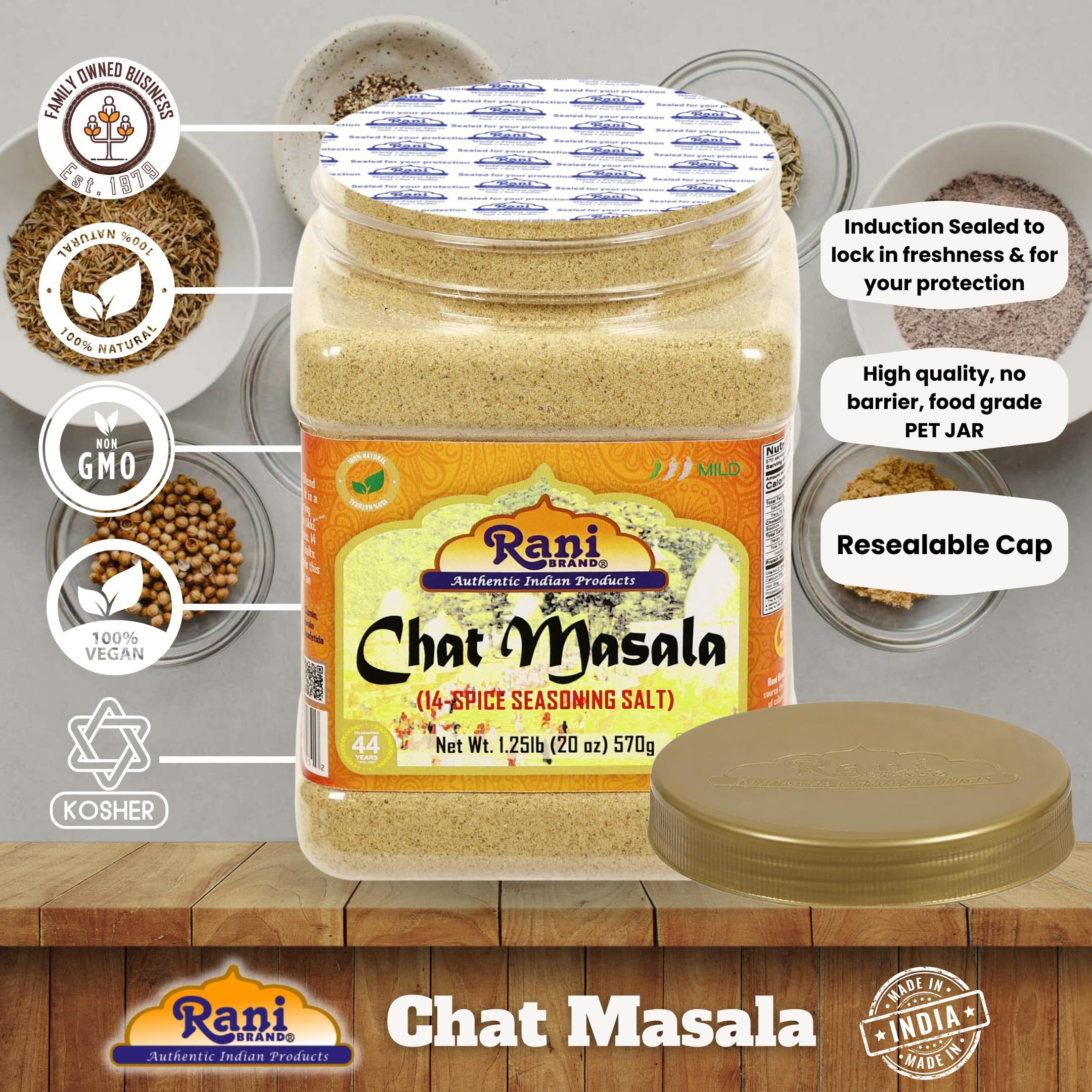 Rani Chat Masala (14 Spice Seasoning Salt) Tangy Indian Seasoning 20oz (1.25lb) 570g PET Jar ~ All Natural, No MSG, Vegan, No Colors, Gluten Friendly, NON-GMO, Kosher, Indian Origin