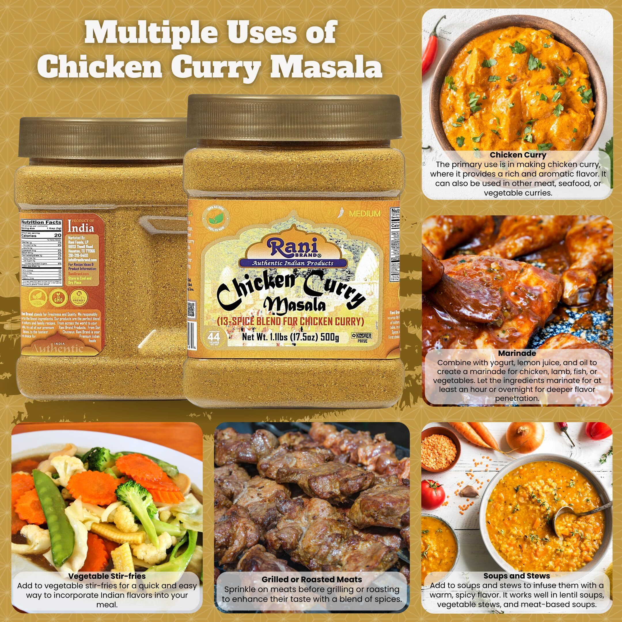 Rani Chicken Curry Masala Indian 13-Spice Blend 17.5oz (1.1lbs) 500g PET Jar ~ All Natural, Vegan, No Colors, Gluten Friendly, NON-GMO, Kosher, Indian Origin