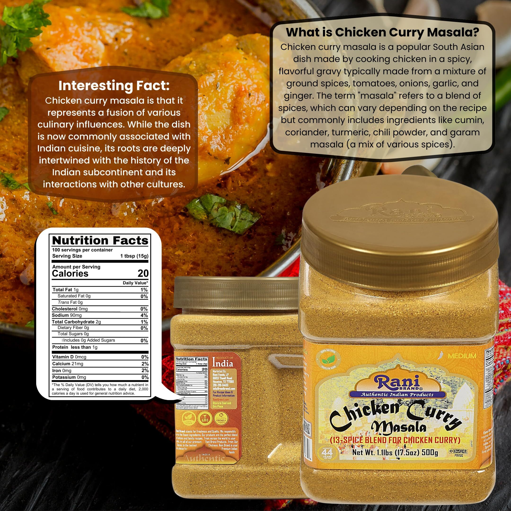Rani Chicken Curry Masala Indian 13-Spice Blend 17.5oz (1.1lbs) 500g PET Jar ~ All Natural, Vegan, No Colors, Gluten Friendly, NON-GMO, Kosher, Indian Origin