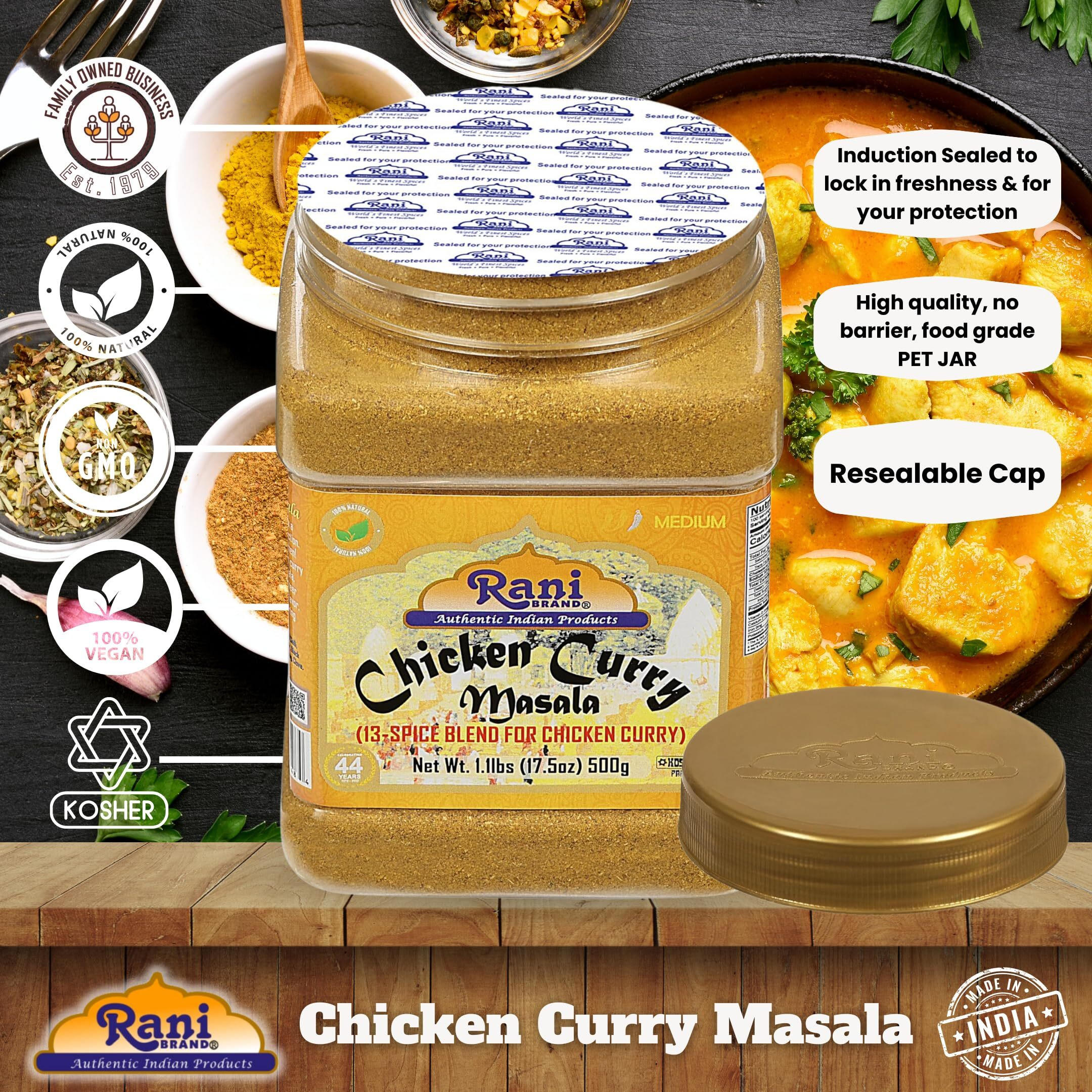 Rani Chicken Curry Masala Indian 13-Spice Blend 17.5oz (1.1lbs) 500g PET Jar ~ All Natural, Vegan, No Colors, Gluten Friendly, NON-GMO, Kosher, Indian Origin
