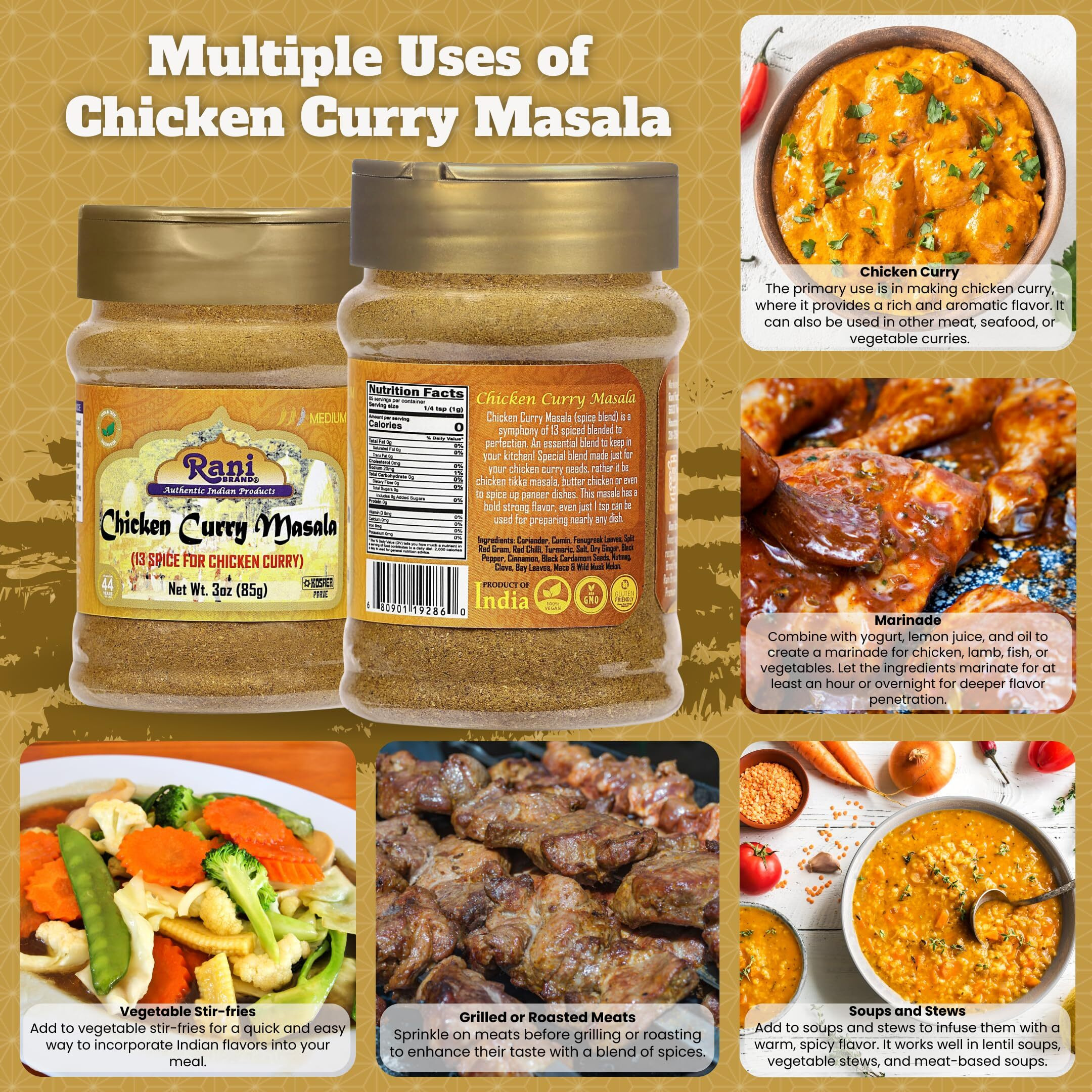 Rani Chicken Curry Masala Indian 13-Spice Blend 3oz (85g) PET Jar ~ All Natural, Vegan, No Colors, Gluten Friendly, NON-GMO, Kosher, Indian Origin