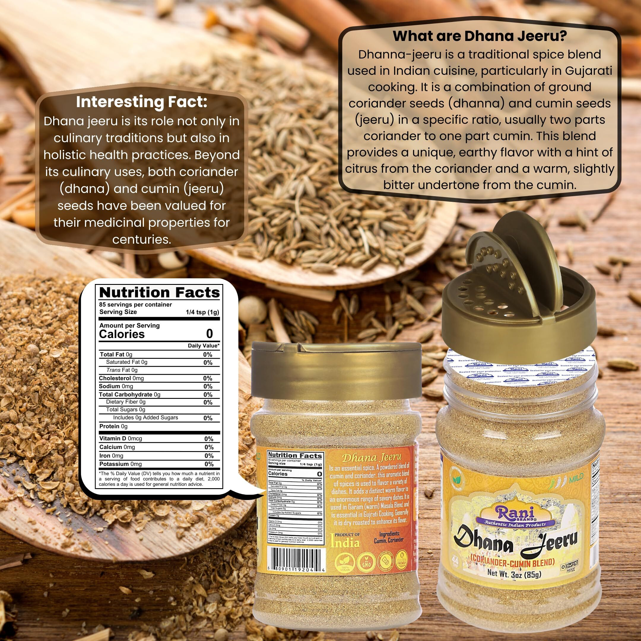 Rani Dhana-Jeeru (Coriander-Cumin Blend 50-50) Powder 3oz (85g) PET Jar ~ All Natural, Salt Free, Vegan, Gluten Friendly, Non-GMO, Kosher