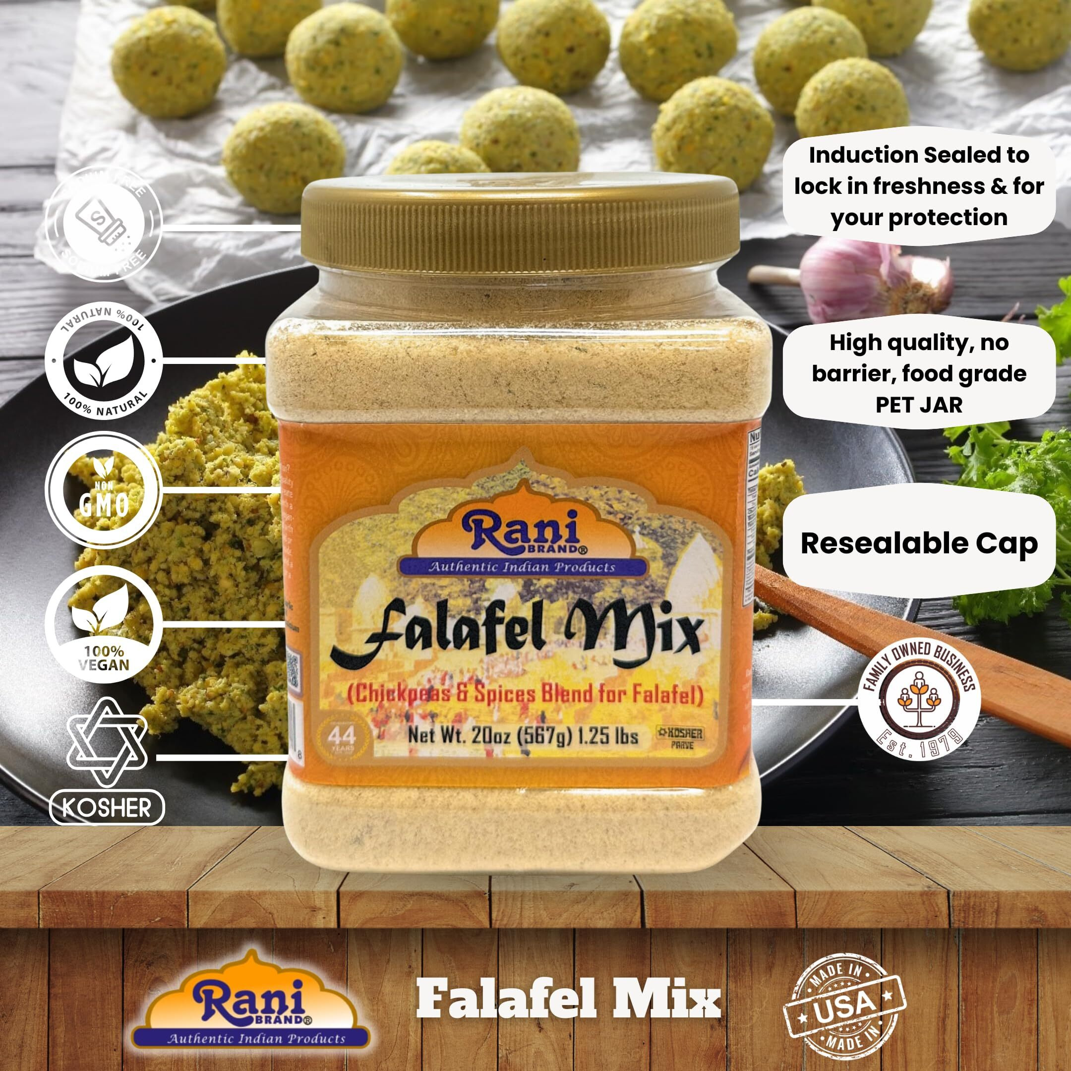 Rani Falafel Mix (Chickpeas & Spices Blend for Falafel) 20oz (1.25lbs) 567g PET Jar ~ Gluten Friendly, NON-GMO, Kosher, Product of USA