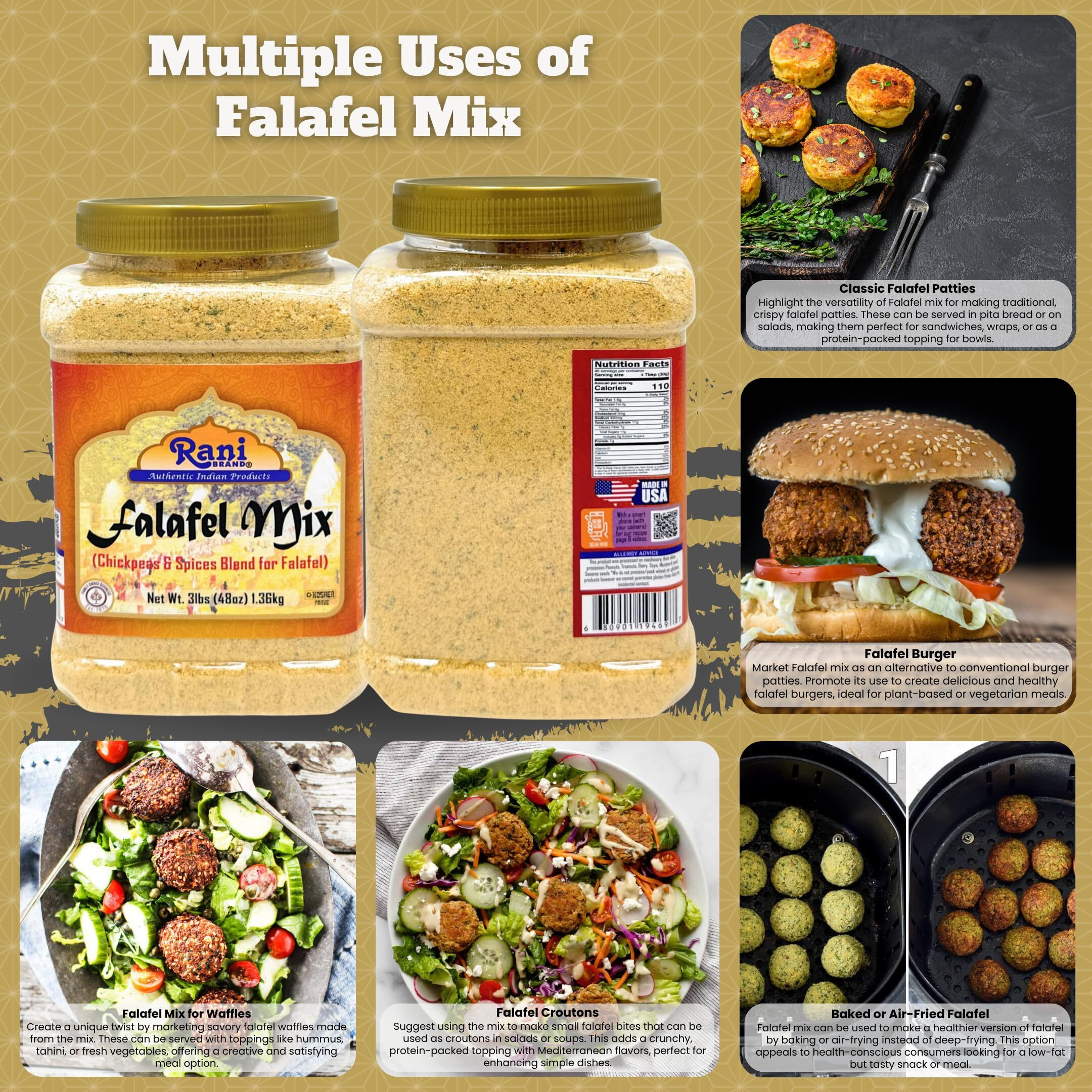 Rani Falafel Mix (Chickpeas & Spices Blend for Falafel) 48oz (3lbs) 1.36kg PET Jar ~ Gluten Friendly, NON-GMO, Kosher, Product of USA