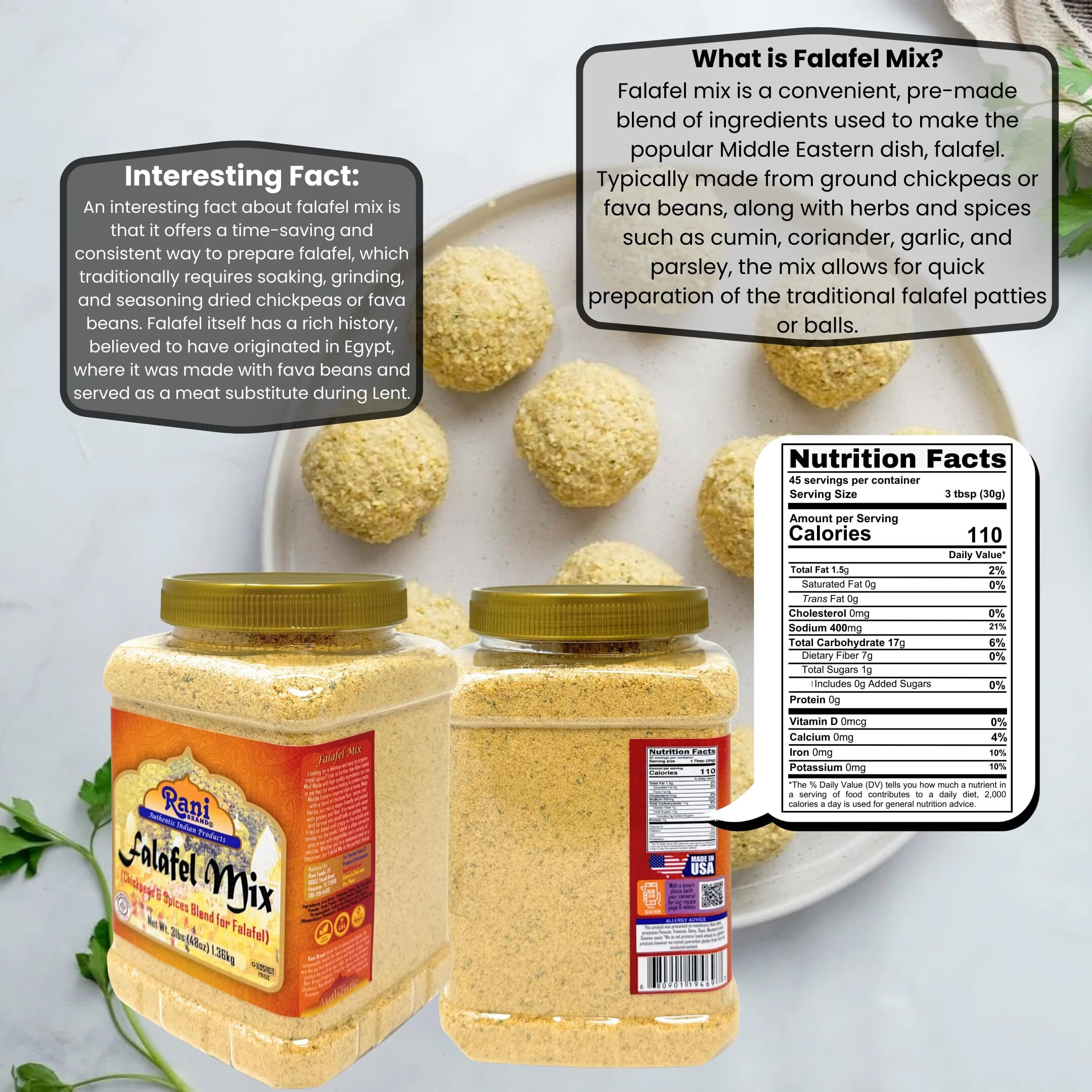 Rani Falafel Mix (Chickpeas & Spices Blend for Falafel) 48oz (3lbs) 1.36kg PET Jar ~ Gluten Friendly, NON-GMO, Kosher, Product of USA