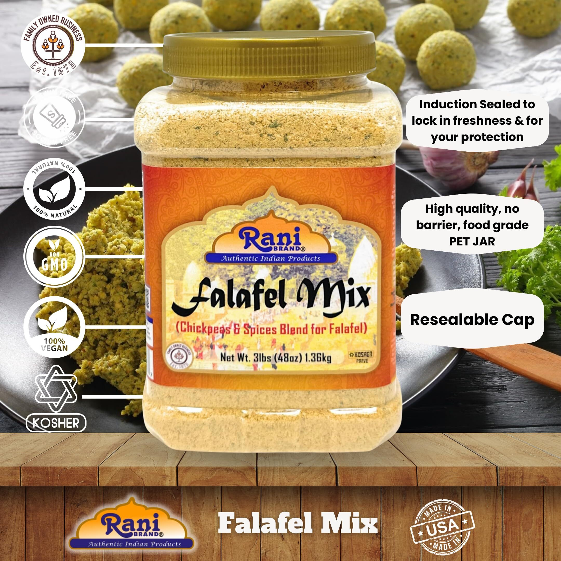 Rani Falafel Mix (Chickpeas & Spices Blend for Falafel) 48oz (3lbs) 1.36kg PET Jar ~ Gluten Friendly, NON-GMO, Kosher, Product of USA