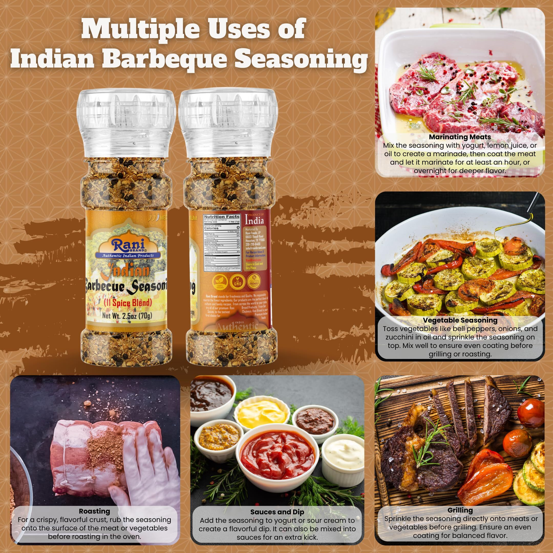 Rani Indian Barbeque Seasoning (11-Spice Blend) 2.5oz (70g) Grinder Bottle ~ All Natural, Salt-Free, Vegan, No Colors, Gluten Friendly, NON-GMO, Kohser, Indian Origin