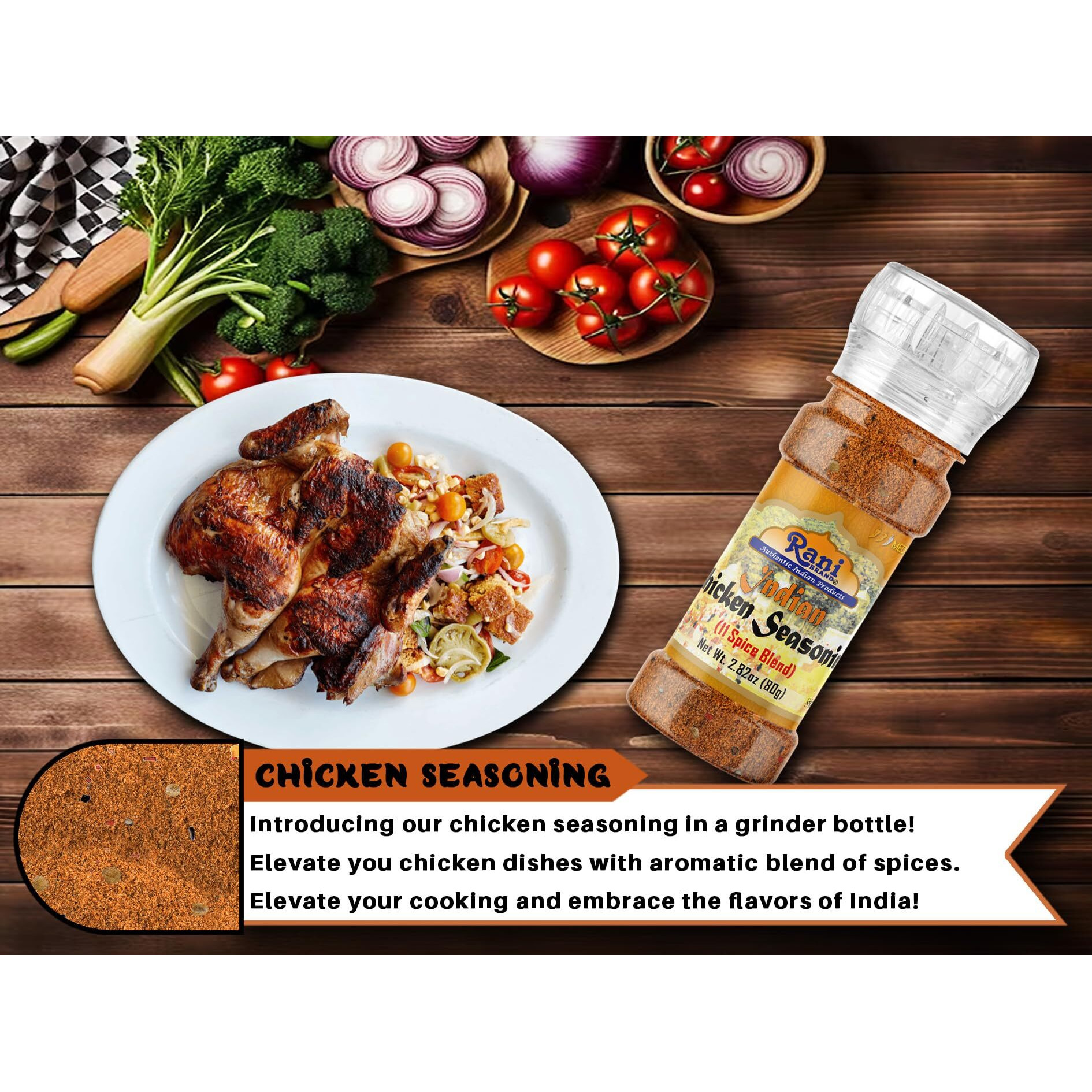 Rani Indian Chicken Seasoning (11-Spice Blend) 2.82oz (80g) Grinder Bottle ~ All Natural, Salt-Free, Vegan, No Colors, Gluten Friendly, NON-GMO, Kohser, Indian Origin