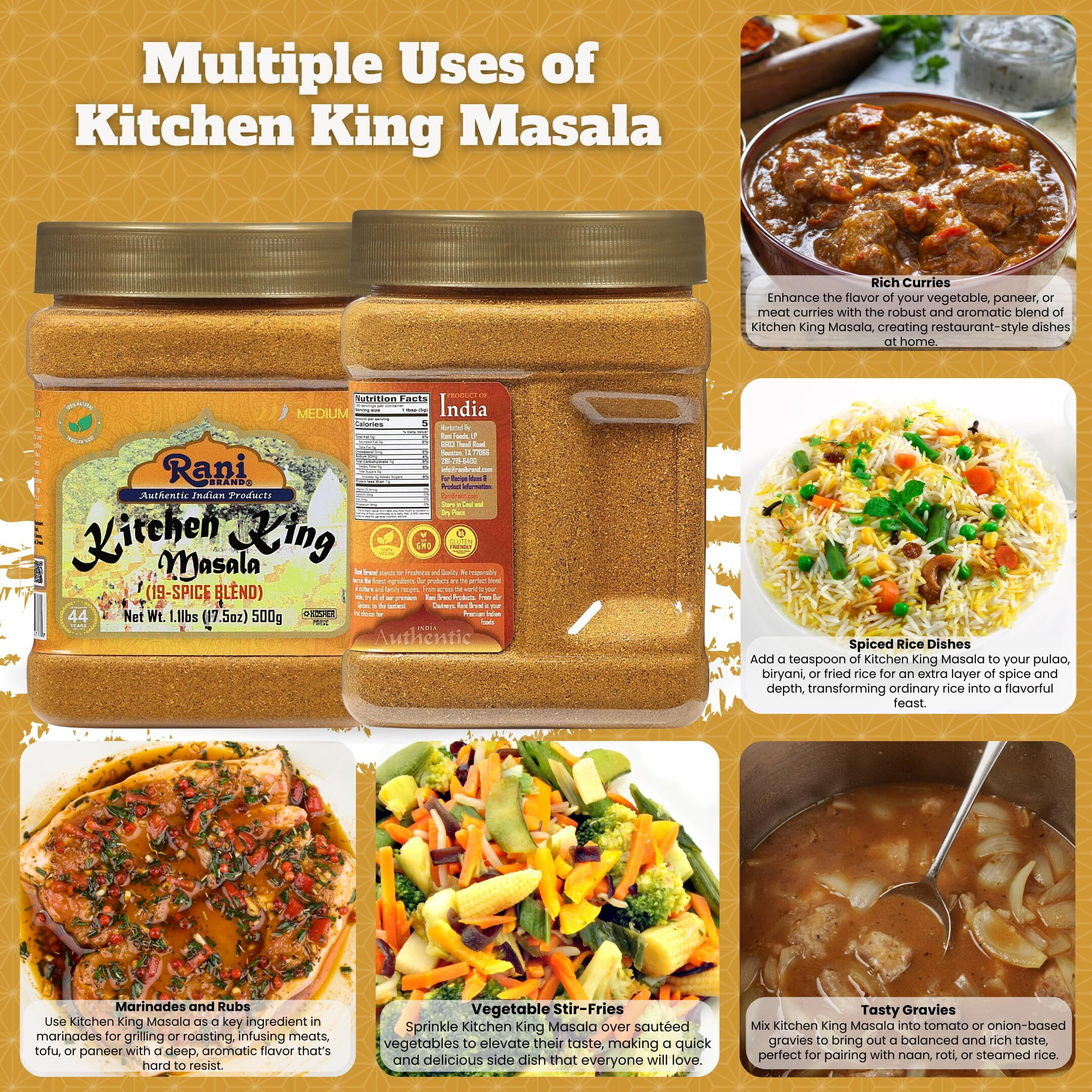 Rani Kitchen King Masala (20-Spice Curry blend) 17.5oz (1.1lbs) 500g PET Jar ~ All Natural, Vegan, No Colors, Gluten Friendly, NON-GMO, Kosher, Indian Origin
