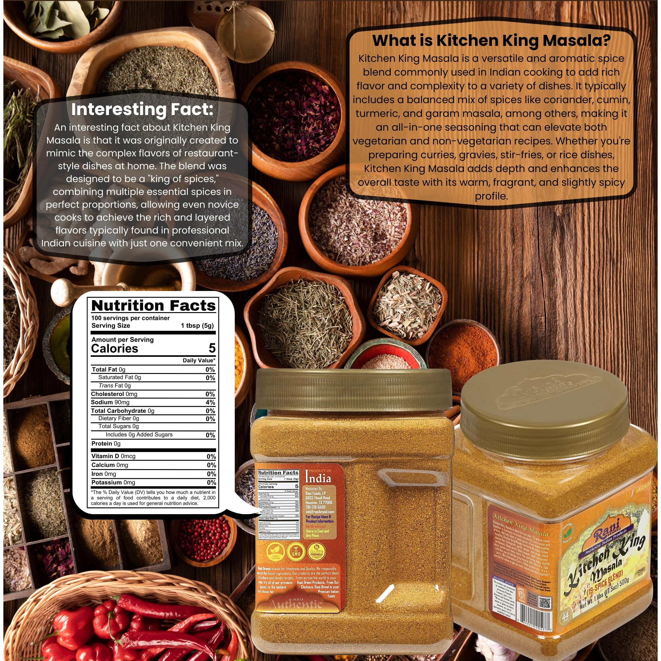 Rani Kitchen King Masala (20-Spice Curry blend) 17.5oz (1.1lbs) 500g PET Jar ~ All Natural, Vegan, No Colors, Gluten Friendly, NON-GMO, Kosher, Indian Origin