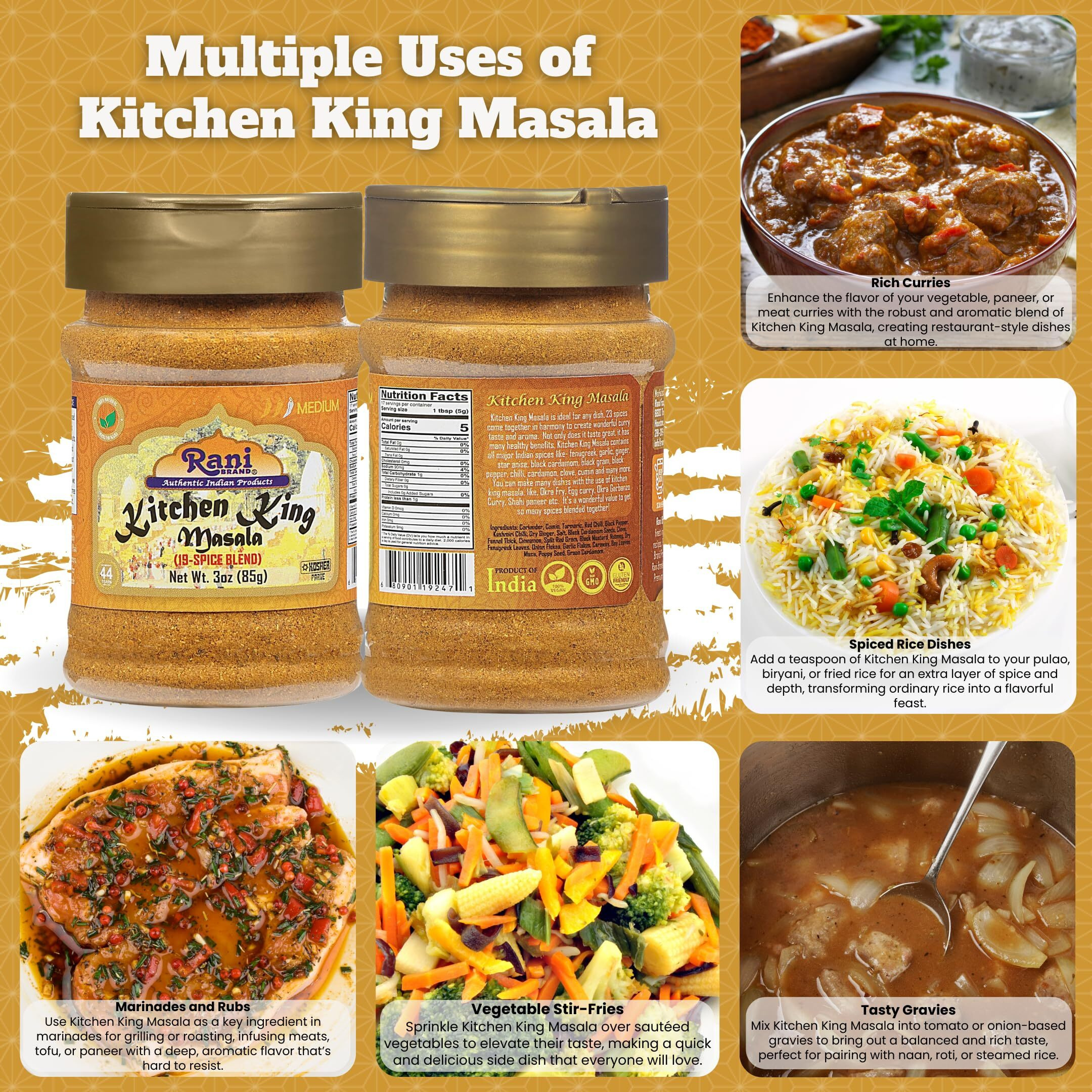 Rani Kitchen King Masala (20-Spice Curry blend) 3oz (85g) PET Jar ~ All Natural, Vegan, No Colors, Gluten Friendly, NON-GMO, Kosher, Indian Origin