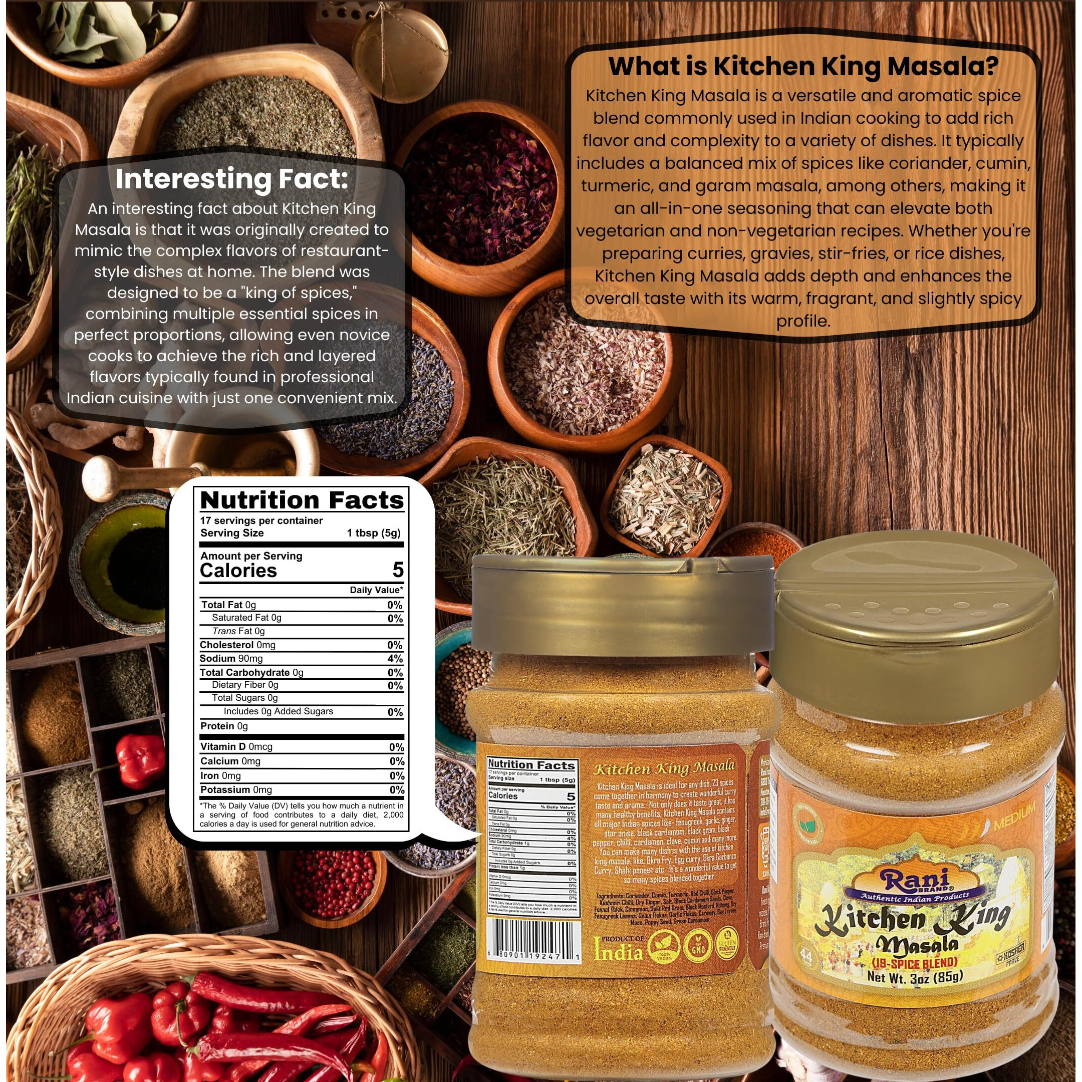 Rani Kitchen King Masala (20-Spice Curry blend) 3oz (85g) PET Jar ~ All Natural, Vegan, No Colors, Gluten Friendly, NON-GMO, Kosher, Indian Origin