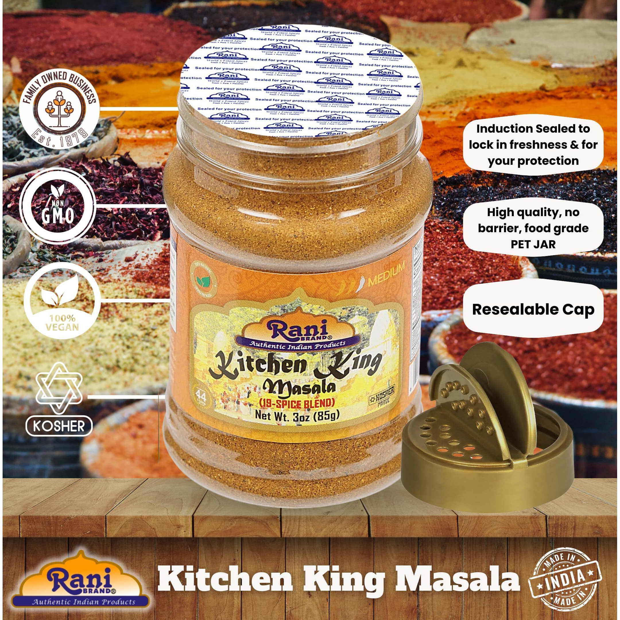 Rani Kitchen King Masala (20-Spice Curry blend) 3oz (85g) PET Jar ~ All Natural, Vegan, No Colors, Gluten Friendly, NON-GMO, Kosher, Indian Origin