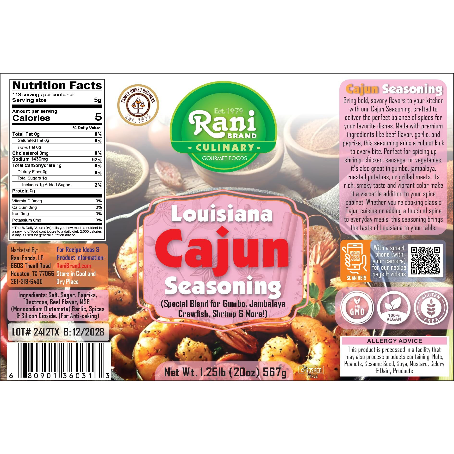 Rani Louisiana Cajun Seasoning (Special Blend for Gumbo, Jambalaya Crawfish, Shrimp) 20oz (1.25lbs) 567g PET Jar ~ All Natural, Gluten Friendly, NON-GMO, Kosher, Vegan, Indian Origin