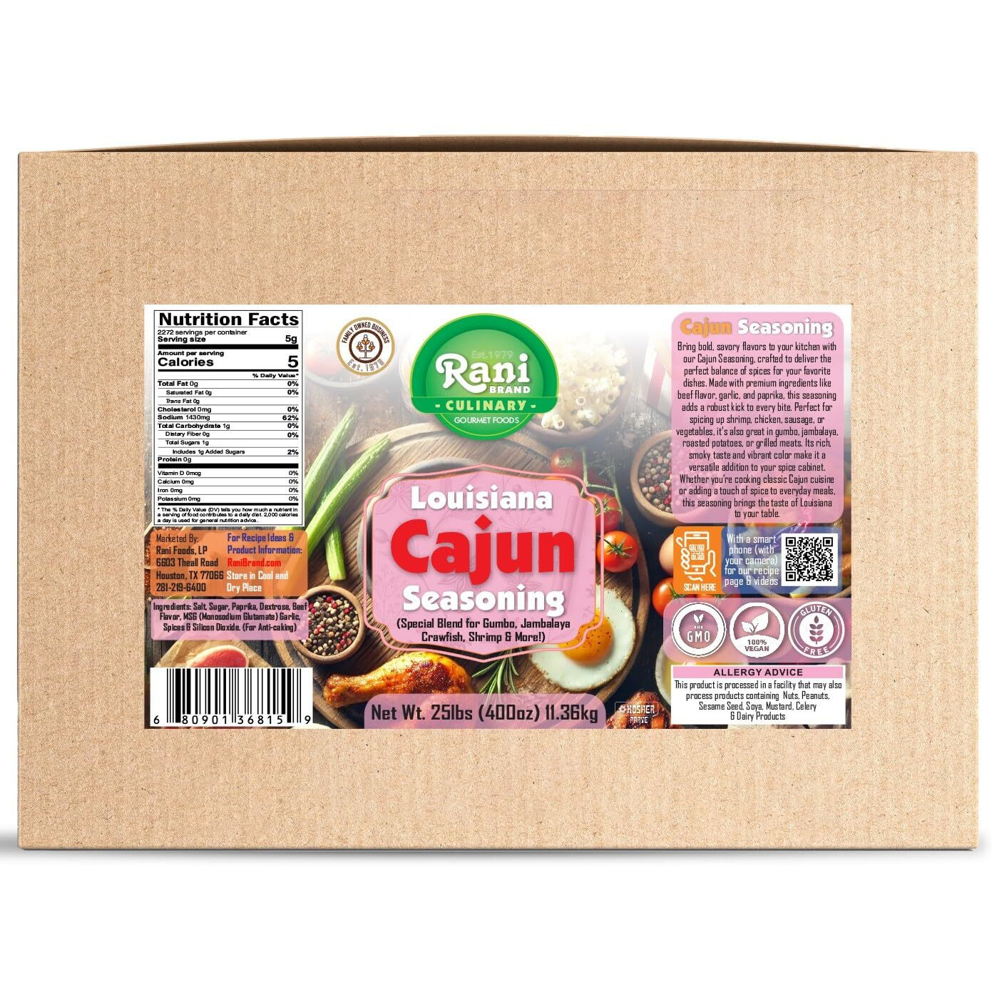 Rani Louisiana Cajun Seasoning (Special Blend for Gumbo, Jambalaya Crawfish, Shrimp) 400oz (25lbs) 11.36kg Bulk Box ~ All Natural, Gluten Friendly, NON-GMO, Kosher, Vegan, Indian Origin