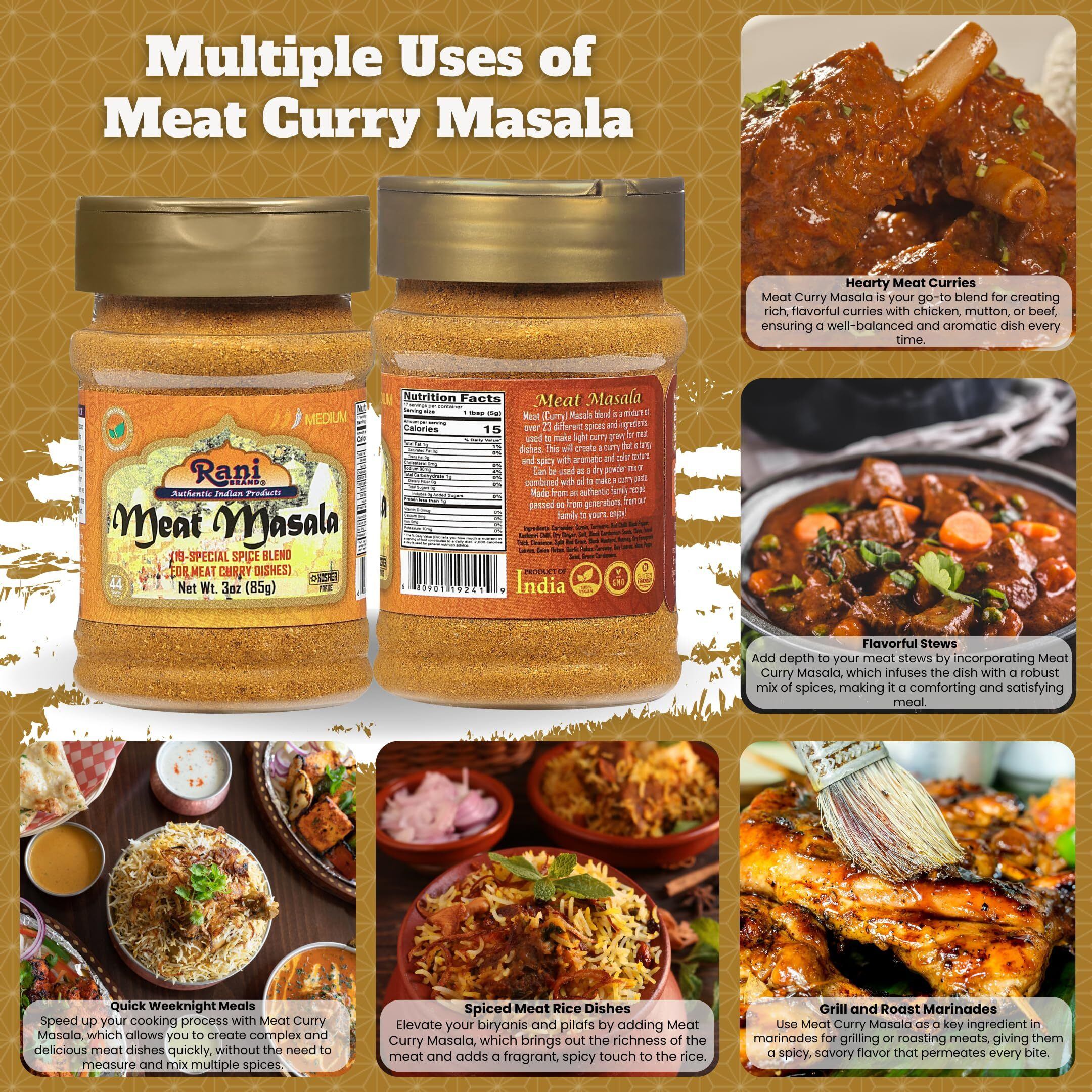Rani Meat Curry Masala 21-Spice Blend 3oz (85g) PET Jar ~ All Natural, Vegan, No Colors, Gluten Friendly, NON-GMO, Kosher, Indian Origin