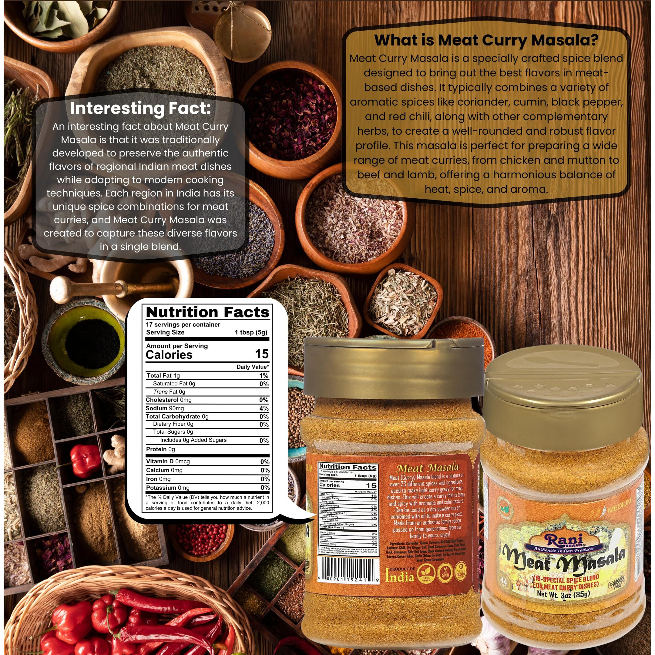 Rani Meat Curry Masala 21-Spice Blend 3oz (85g) PET Jar ~ All Natural, Vegan, No Colors, Gluten Friendly, NON-GMO, Kosher, Indian Origin