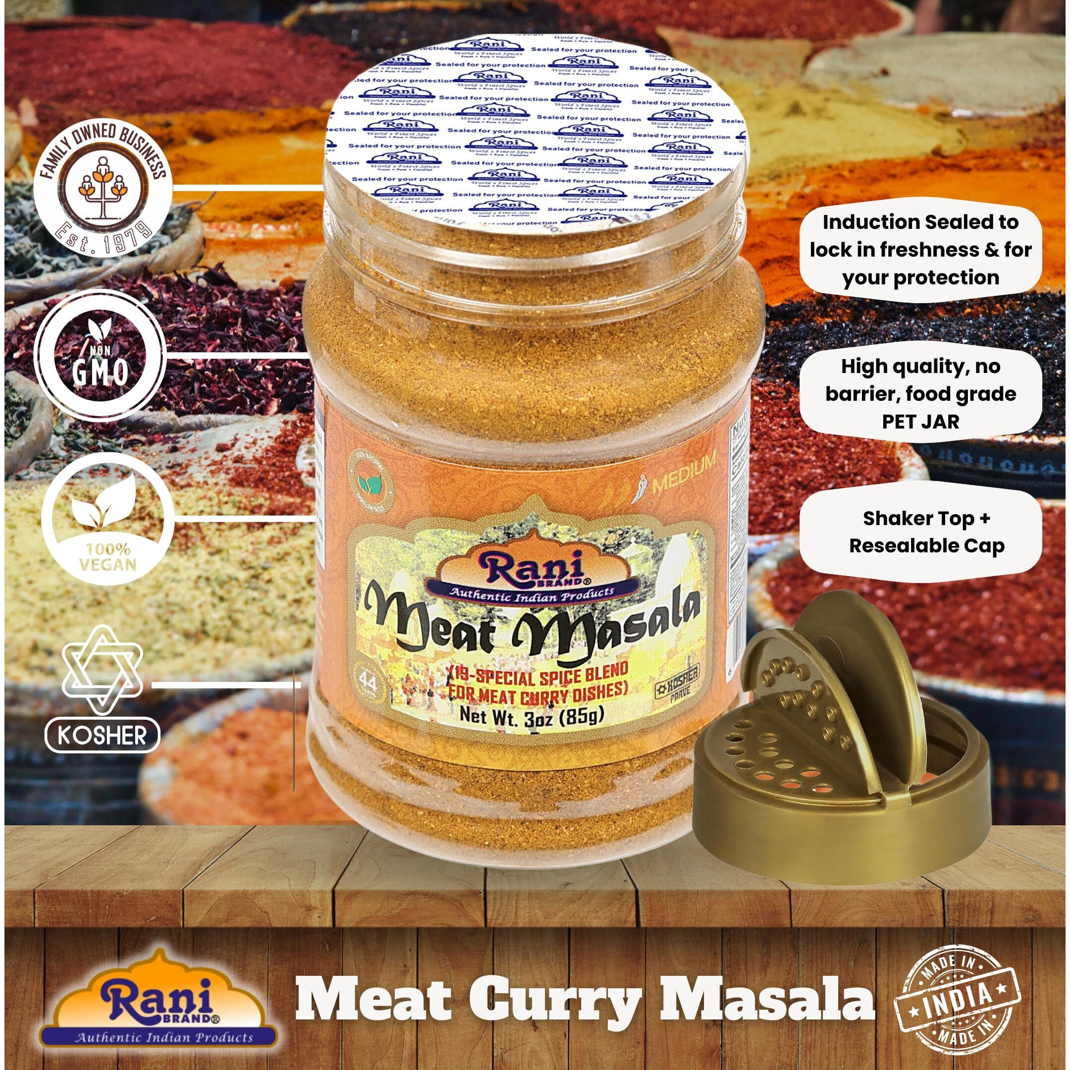 Rani Meat Curry Masala 21-Spice Blend 3oz (85g) PET Jar ~ All Natural, Vegan, No Colors, Gluten Friendly, NON-GMO, Kosher, Indian Origin