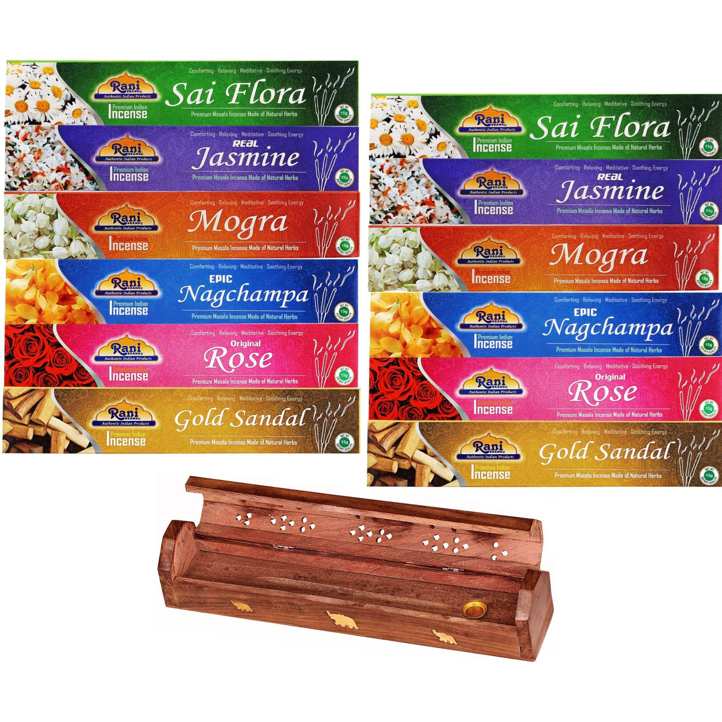 Rani Multi Pack Incense (Premium Masala Incense Made of Natural Herbs) 2 of Each Scents (Total of 12 Packets) with Incense Burner ~ Total of 120 Incense Sticks, Indian Origin