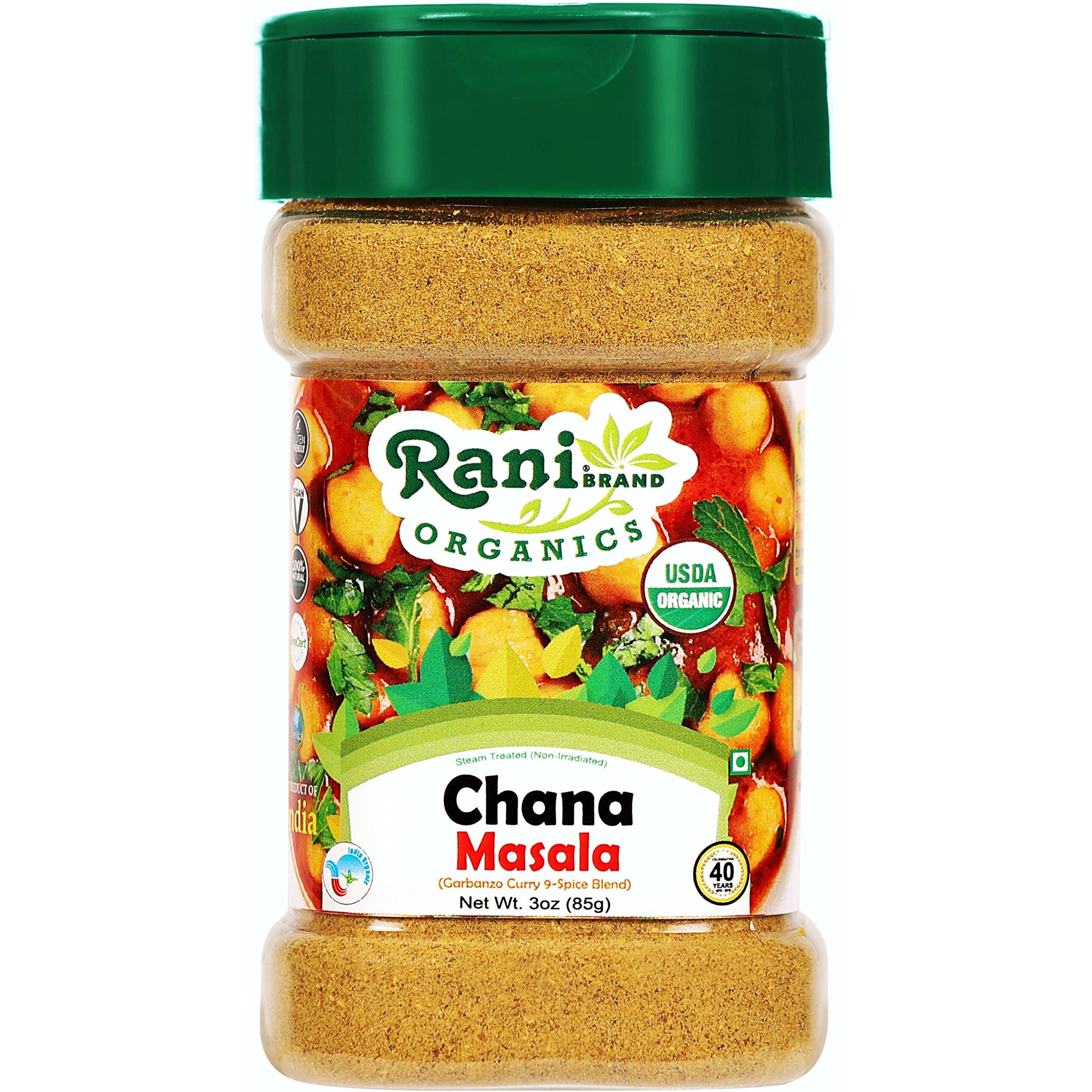 Rani Organic Chana Masala (Garbanzo Curry 9-Spice Blend) 3oz (85g) PET Jar ~ All Natural, Vegan, Gluten Friendly, NON-GMO, Indian Origin, USDA Certified Organic