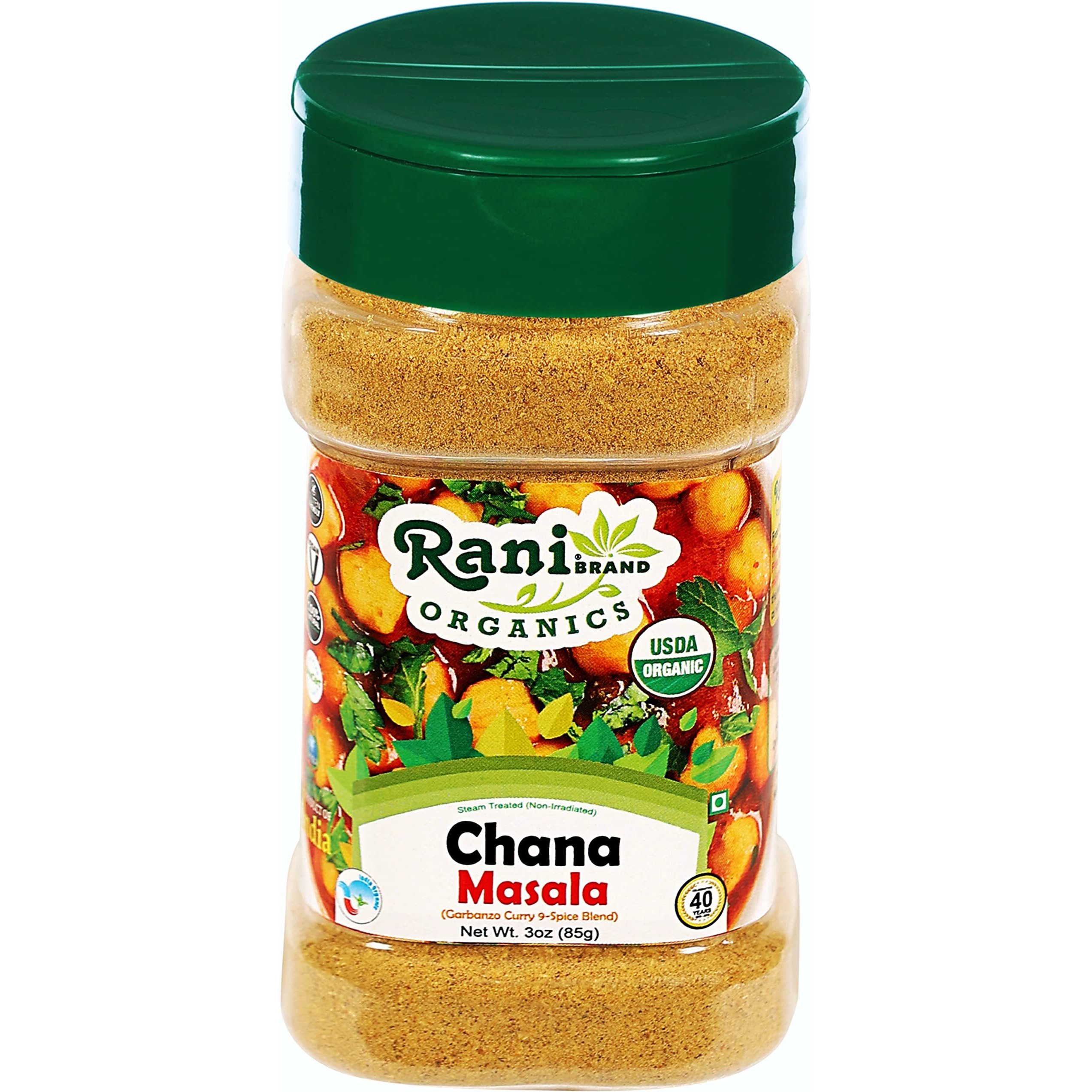 Rani Organic Chana Masala (Garbanzo Curry 9-Spice Blend) 3oz (85g) PET Jar ~ All Natural, Vegan, Gluten Friendly, NON-GMO, Indian Origin, USDA Certified Organic