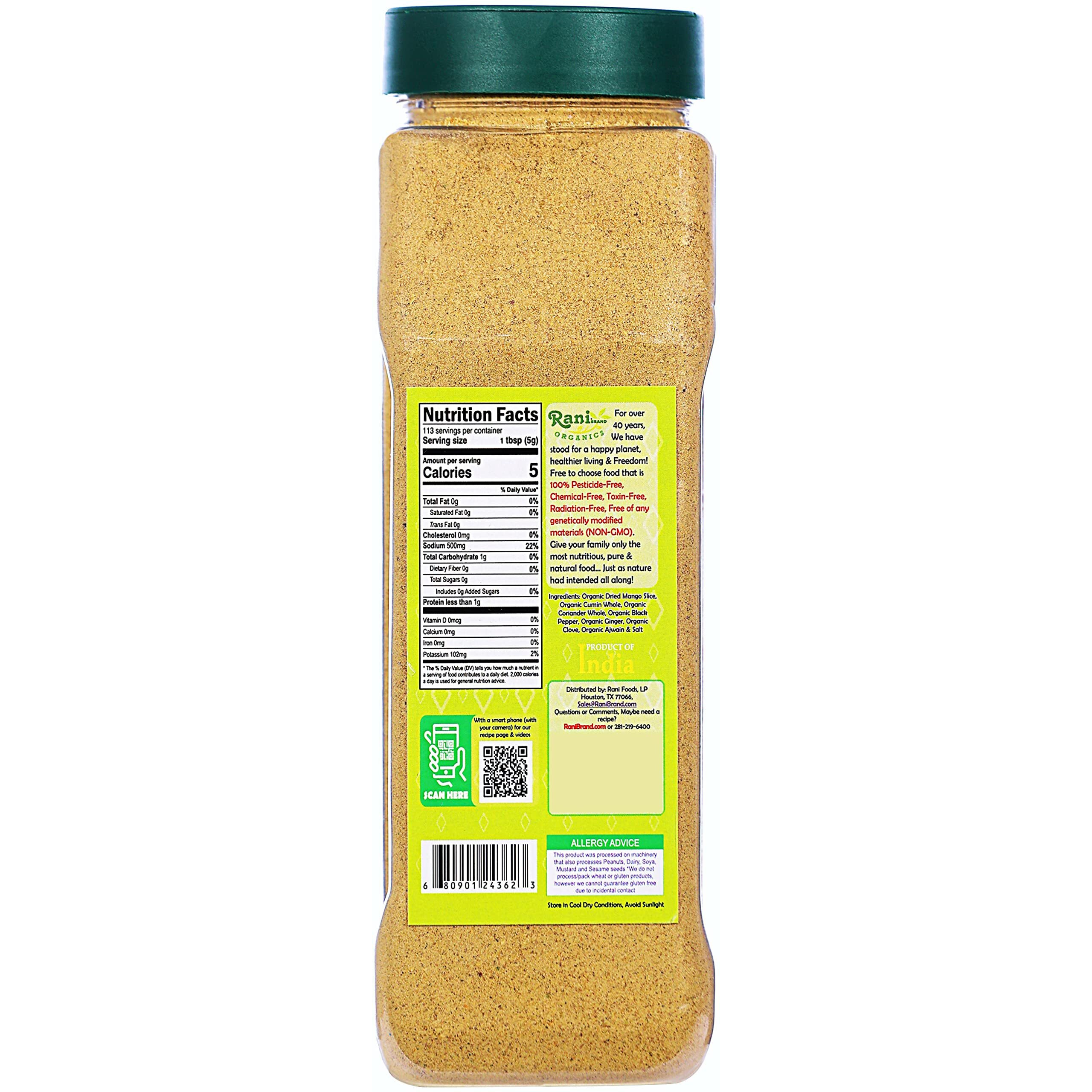 Rani Organic Chat Masala (8-Spice Seasoning Salt) Tangy Indian Seasoning 20oz (1.25lbs) 567g PET Jar ~ All Natural, Vegan, Gluten Friendly, NON-GMO, Indian Origin, USDA Certified Organic